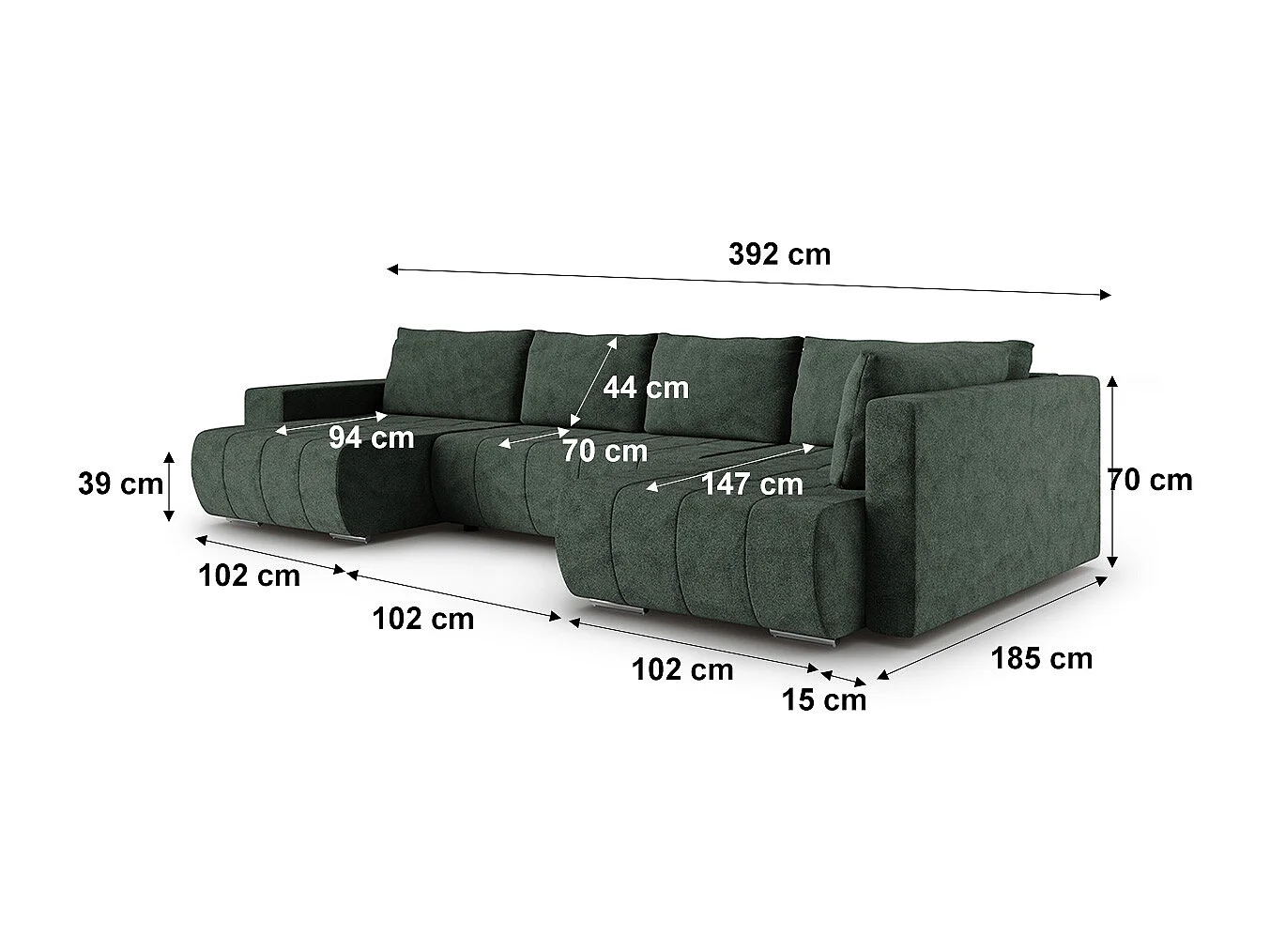Canapé U 5 places angle droit convertible coffre Sergio Vert