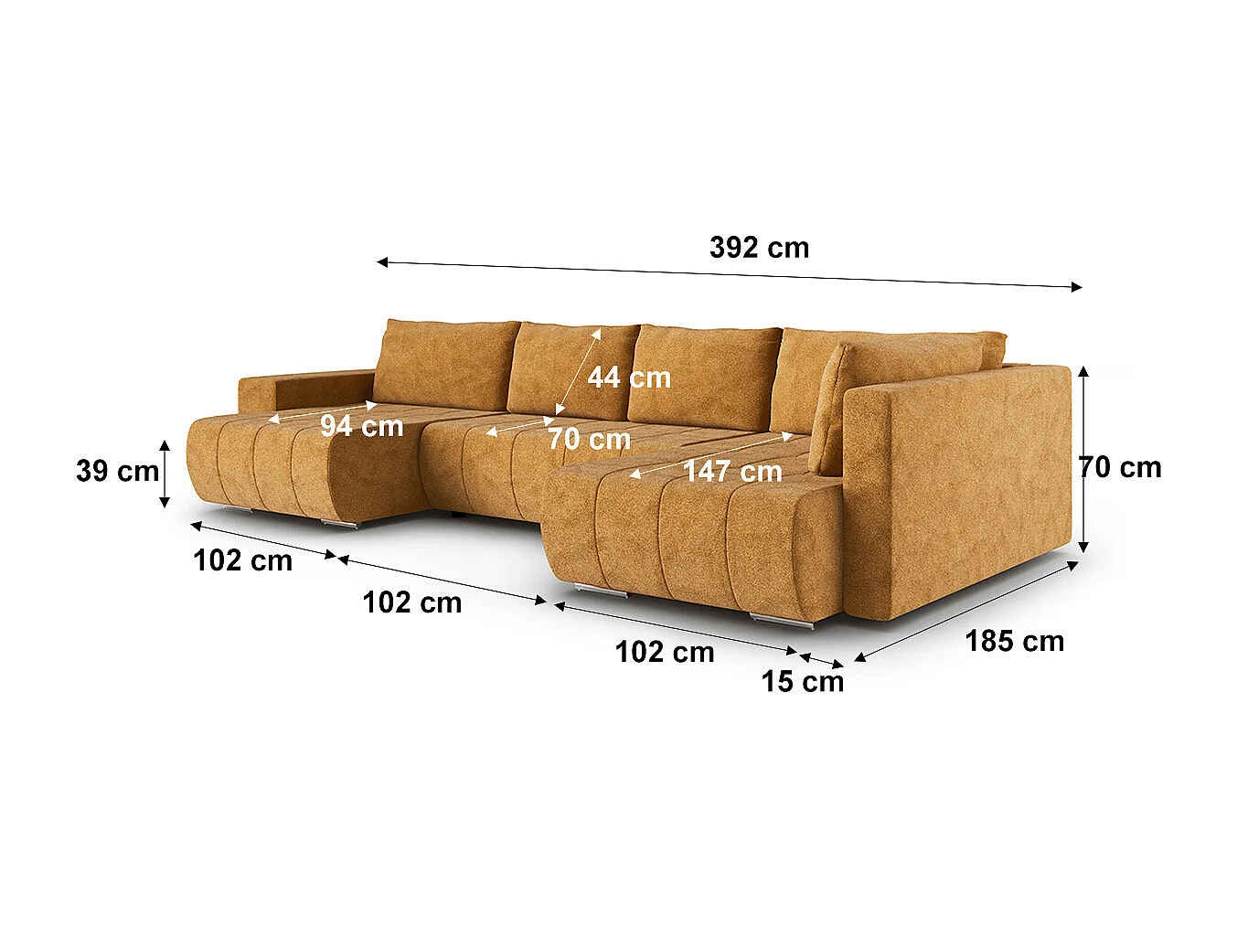Canapé U 5 places angle droit convertible coffre Sergio Moutarde
