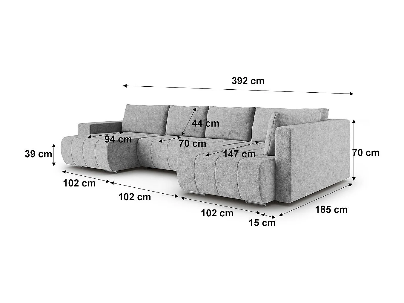 Canapé U 5 places angle droit convertible coffre Sergio Gris