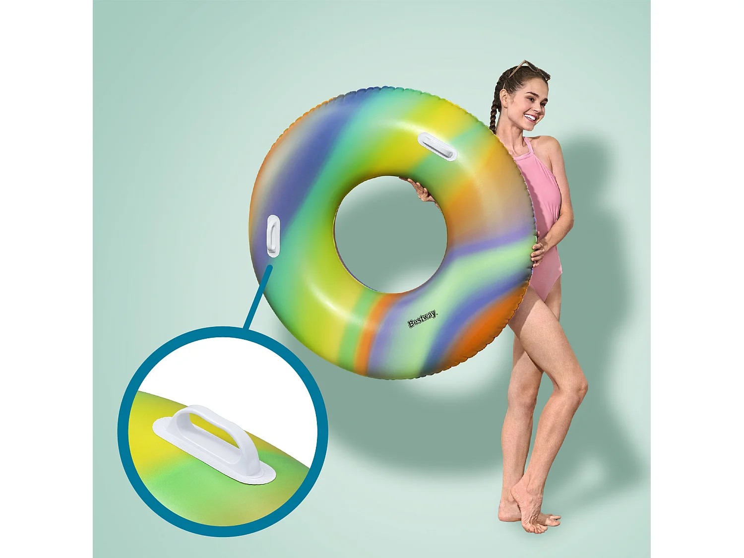 Bestway Nautical Rainbow Tube Opblaasbare Strand Zwembad Drijver 105x33 cm Multicolor met Veiligheidshandvatten