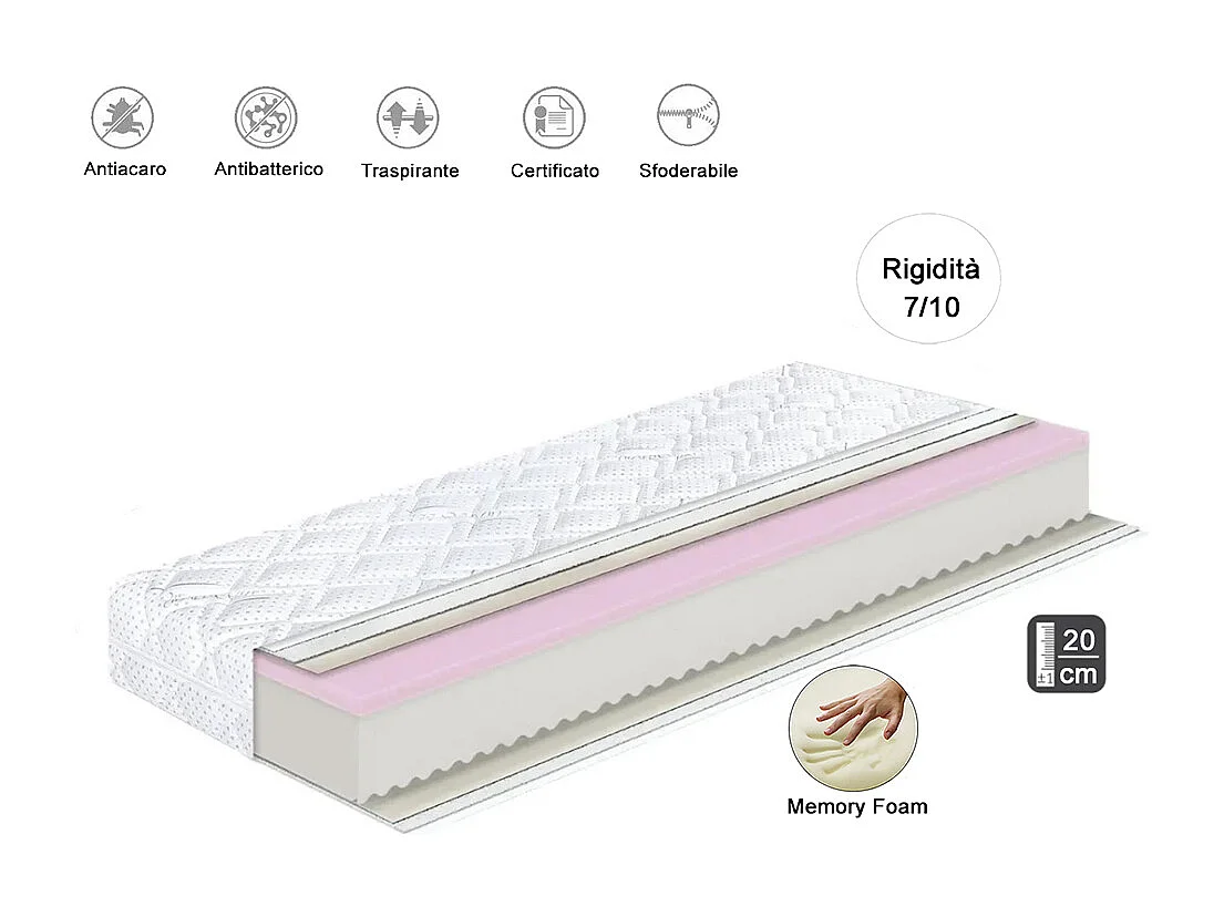 Materasso in poliuretano espanso e Memory Foam 180x200 alto 20 cm MBG2