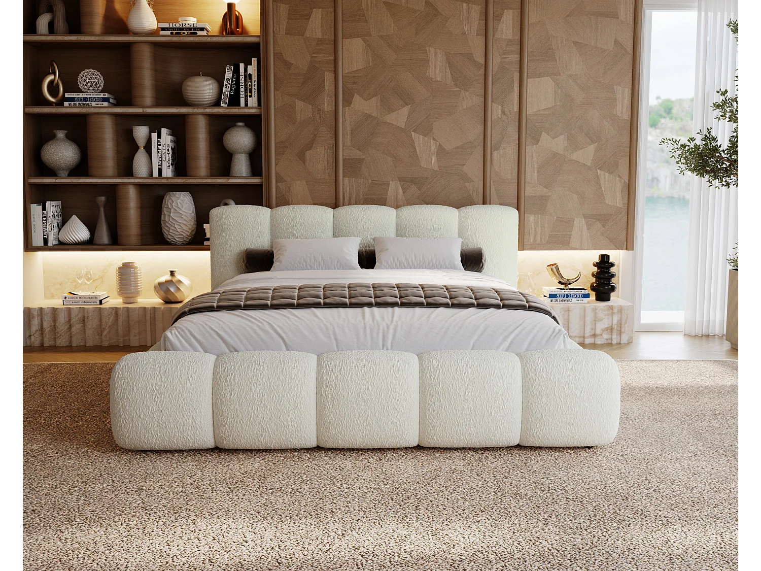 BESILIO Lit tapissé 160x200 bouclé Milly – lit avec coffre de rangement et sommier, lit coffre moderne en mousse épaisse – Crème