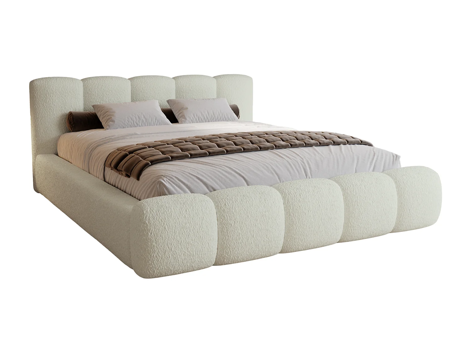 BESILIO Lit tapissé 180x200 bouclé Milly – lit avec coffre de rangement et sommier, lit coffre moderne en mousse épaisse – Crème