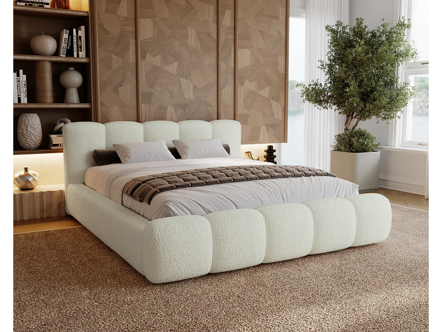 BESILIO Lit tapissé 180x200 bouclé Milly – lit avec coffre de rangement et sommier, lit coffre moderne en mousse épaisse – Crème