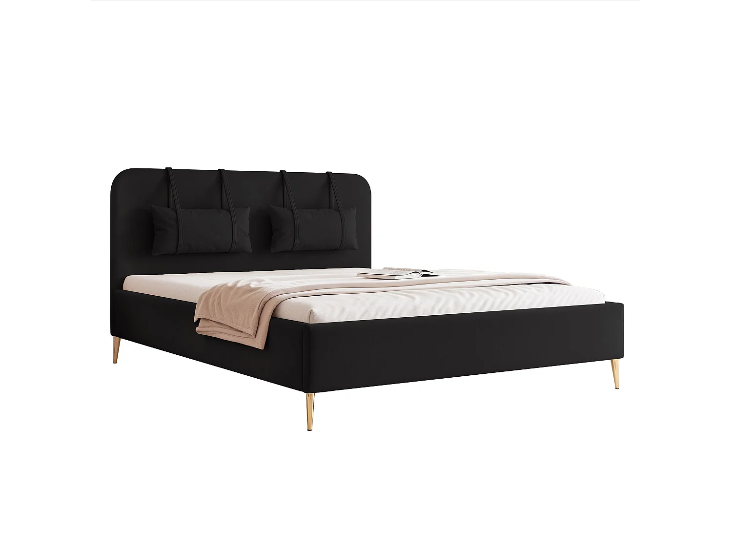 BESILIO Bed op gouden poten 200x200 Monti II – slank bed met afneembare sierkussens, metalen poten, lattenbodem en opbergruimte voor beddengoed – Zwart