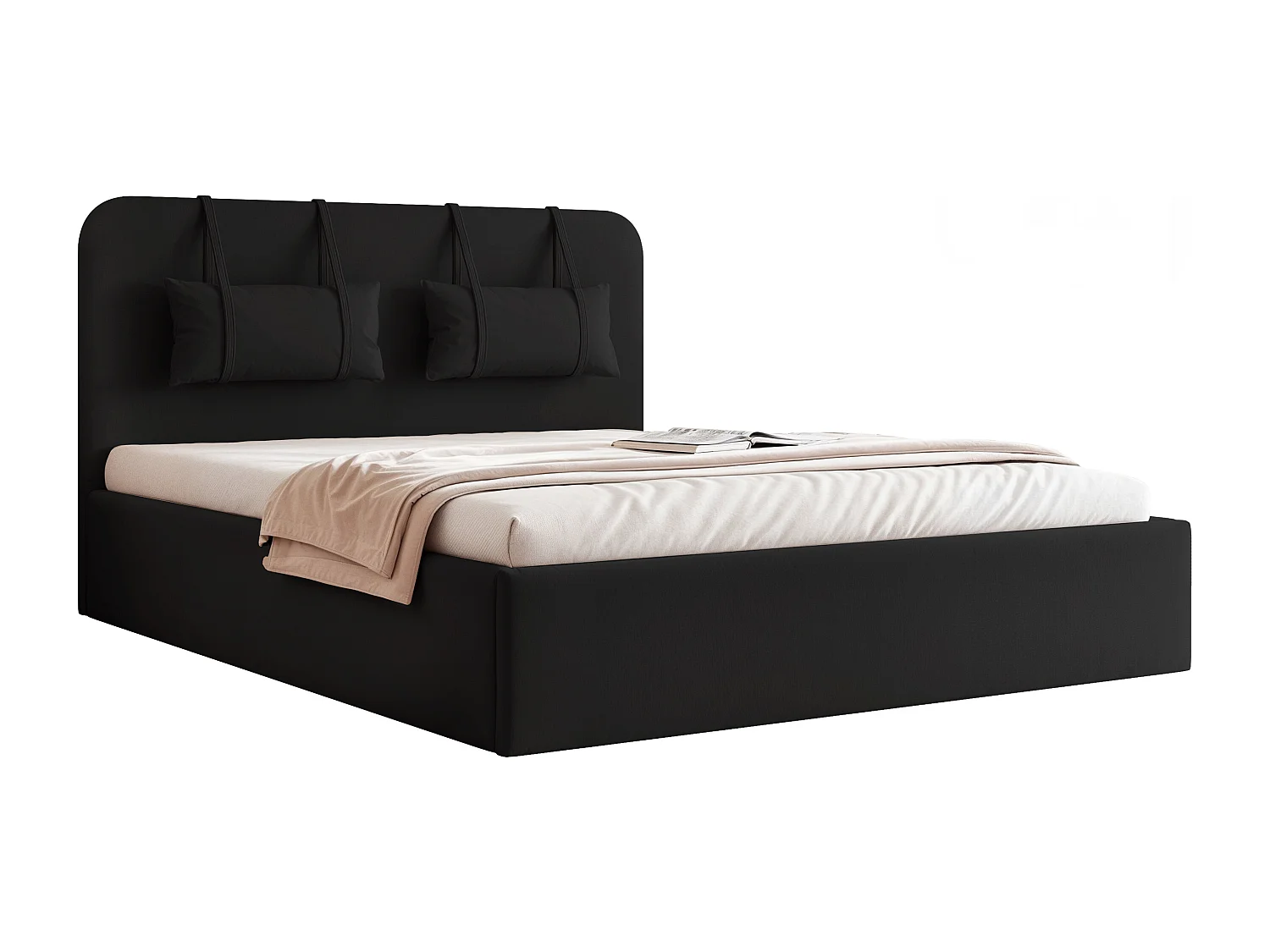 BESILIO Lit avec rangement en panneau 160x200 Monti – lit fin avec coussins décoratifs amovibles, sommier et coffre de rangement – Noir
