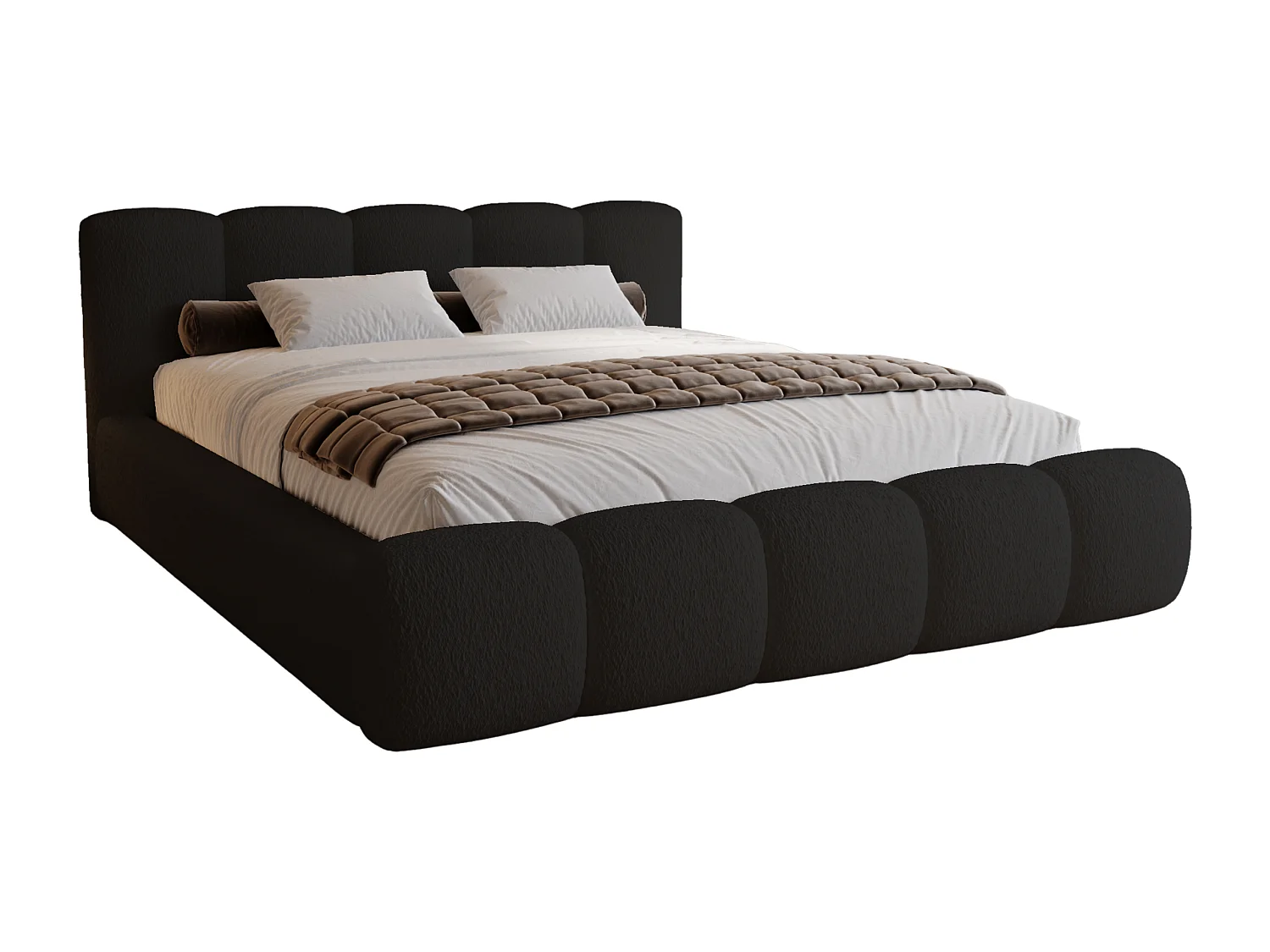 BESILIO Lit tapissé 120x200 bouclé Milly – lit avec coffre de rangement et sommier, lit coffre moderne en mousse épaisse –  Noir