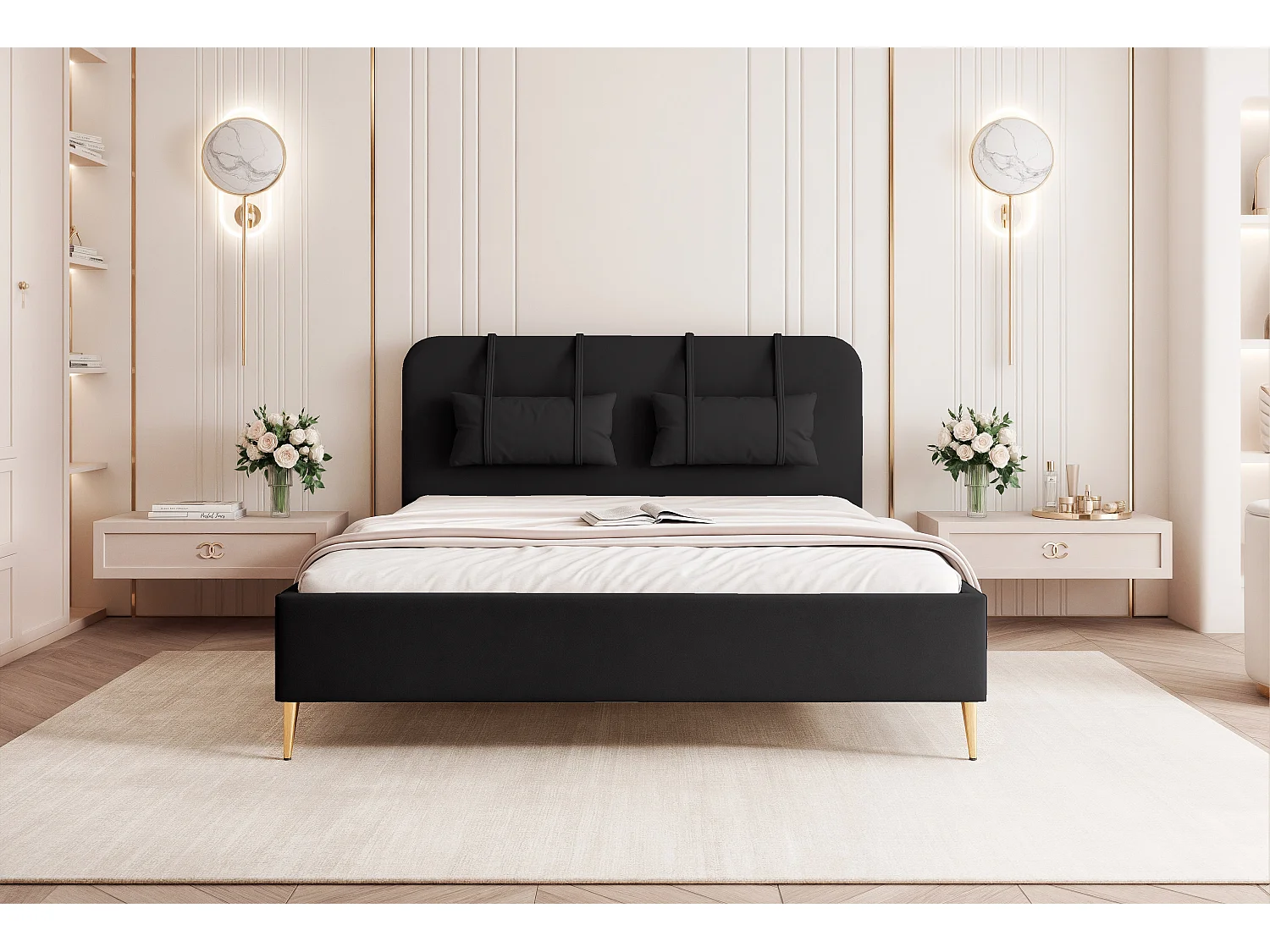 BESILIO Lit sur pieds dorés 160x200 Monti II – lit fin avec coussins décoratifs amovibles, pieds en métal, sommier et coffre de rangement – Noir