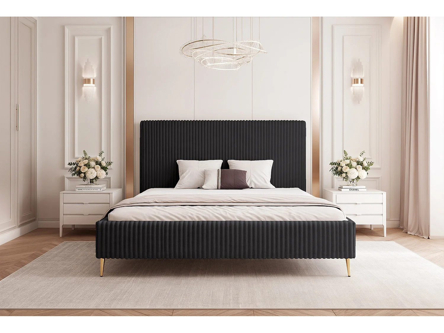 BESILIO Bed 200x200 Vienna II – bed met opbergruimte, slank bed, hoge gouden poten, lattenbodem – zachte fluwelen stof – Zwart