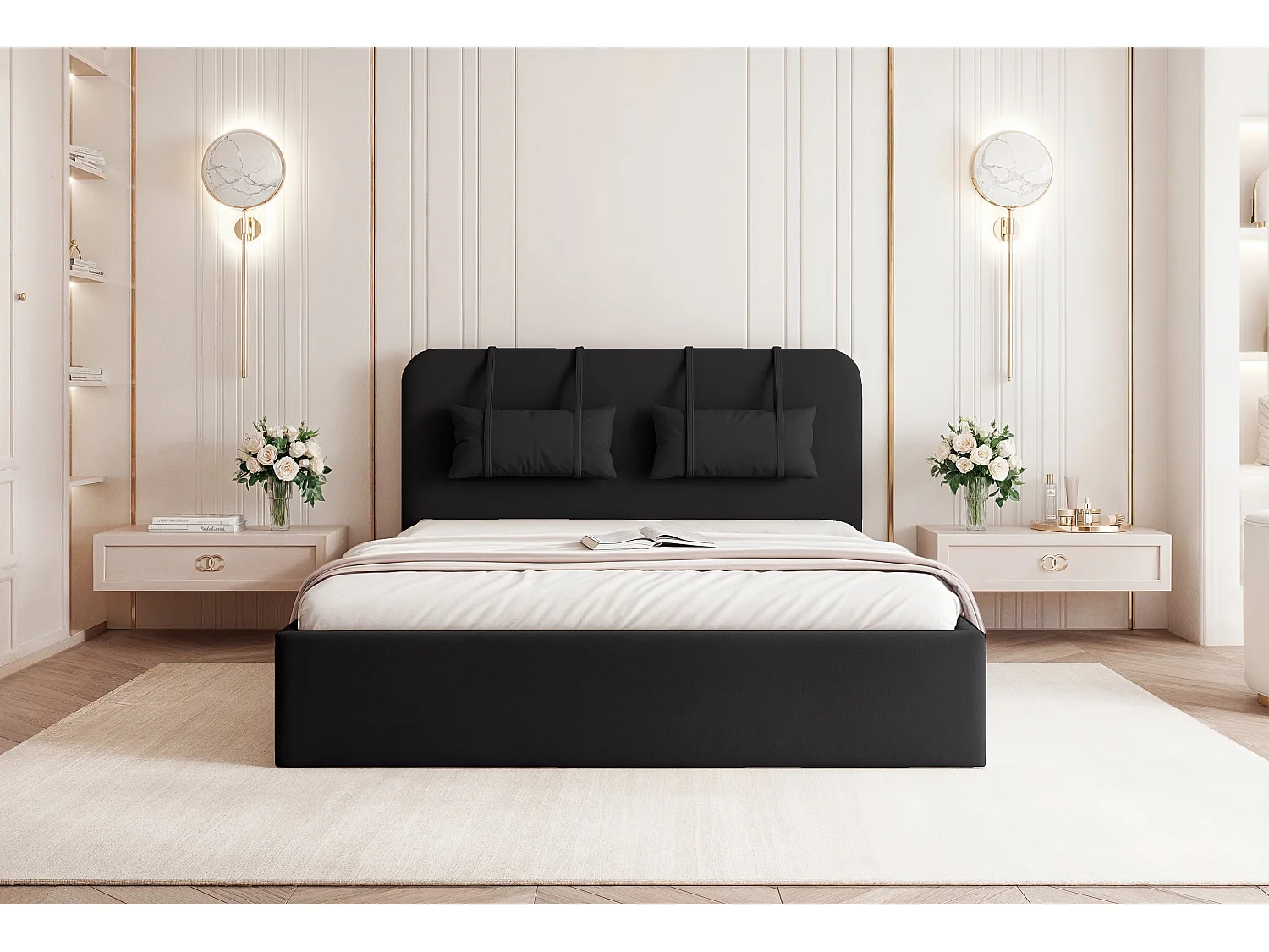 BESILIO Bett mit Stauraum aus Holzplatte 140x200 Monti – schlankes Bett mit abnehmbaren Zierkissen, Lattenrost und Bettkasten – Schwarz
