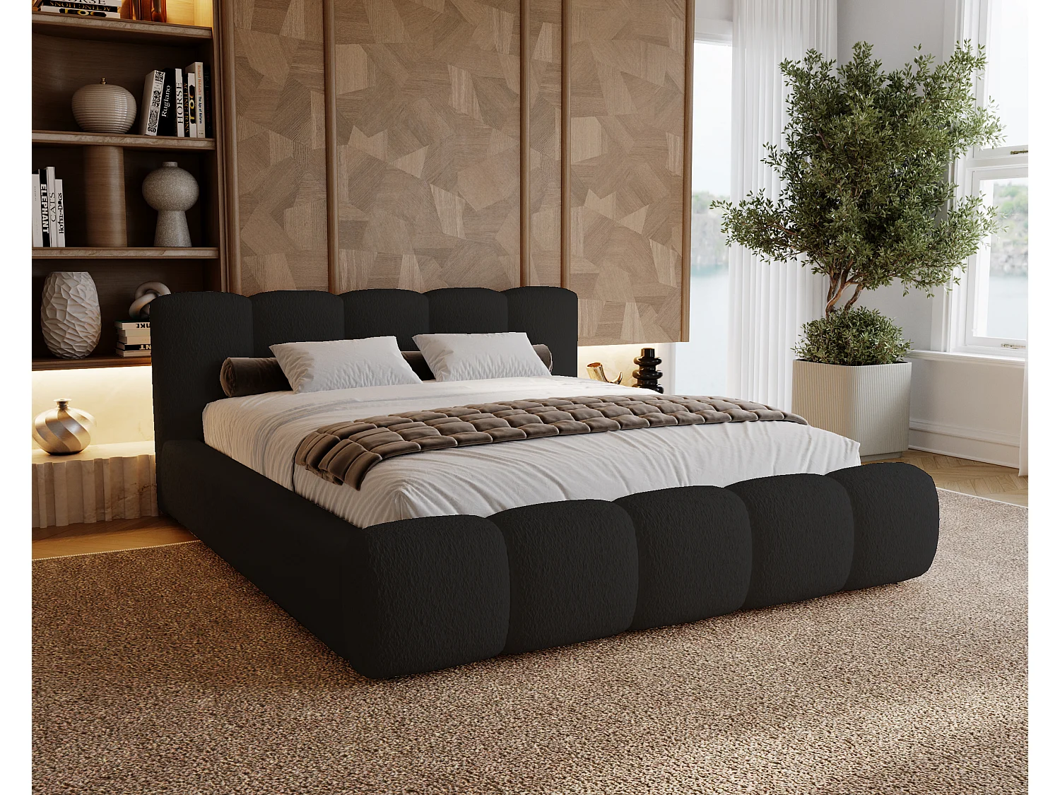 BESILIO Lit tapissé 180x200 bouclé Milly – lit avec coffre de rangement et sommier, lit coffre moderne en mousse épaisse – Noir