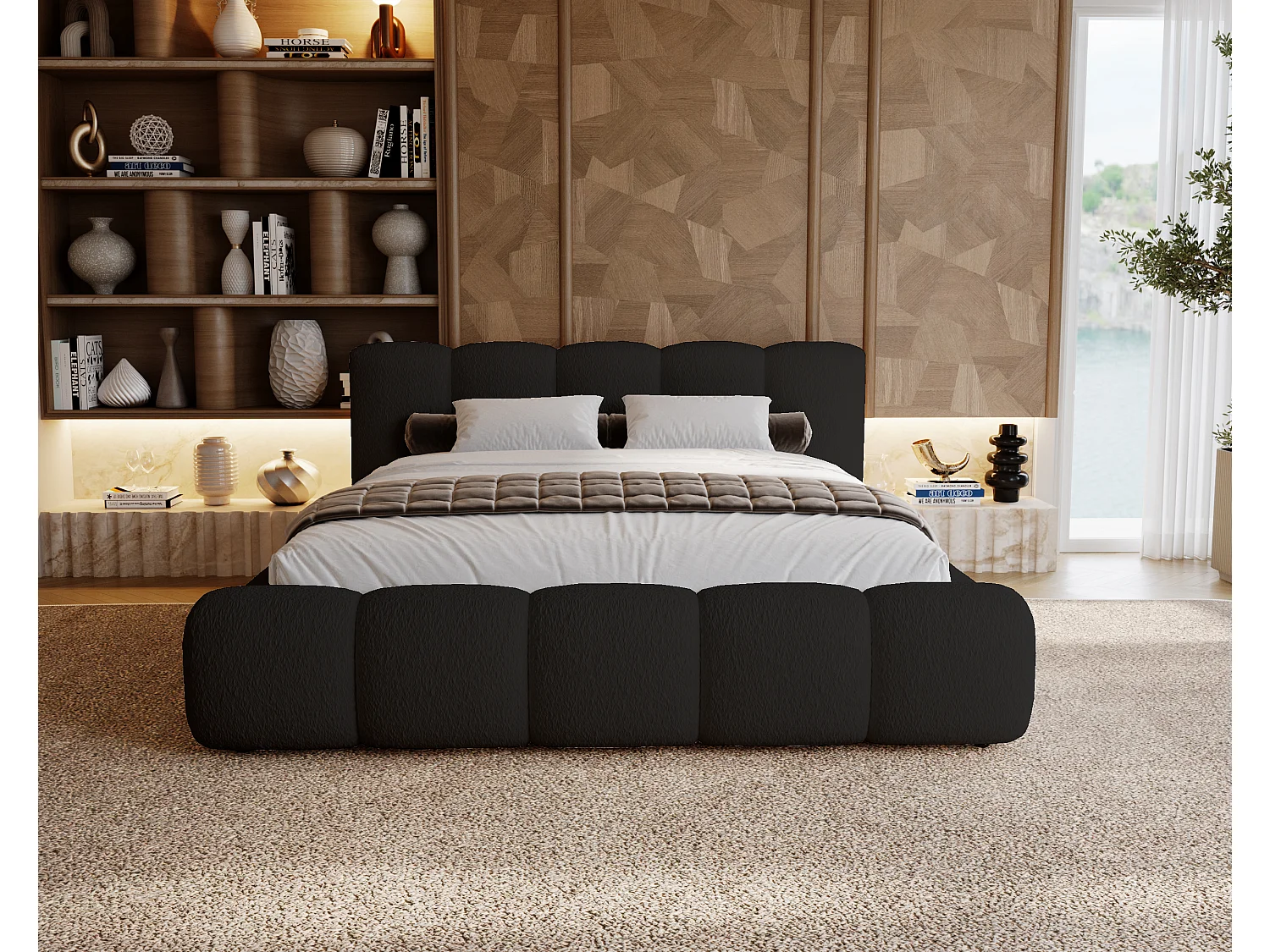 BESILIO Lit tapissé 180x200 bouclé Milly – lit avec coffre de rangement et sommier, lit coffre moderne en mousse épaisse – Noir
