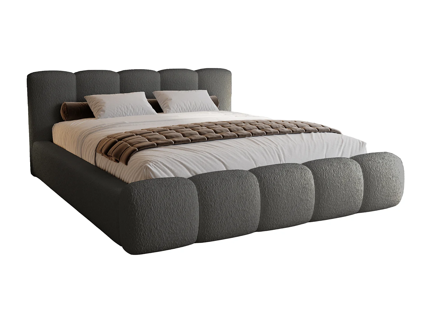 BESILIO Lit tapissé 160x200 bouclé Milly – lit avec coffre de rangement et sommier, lit coffre moderne en mousse épaisse – Gris