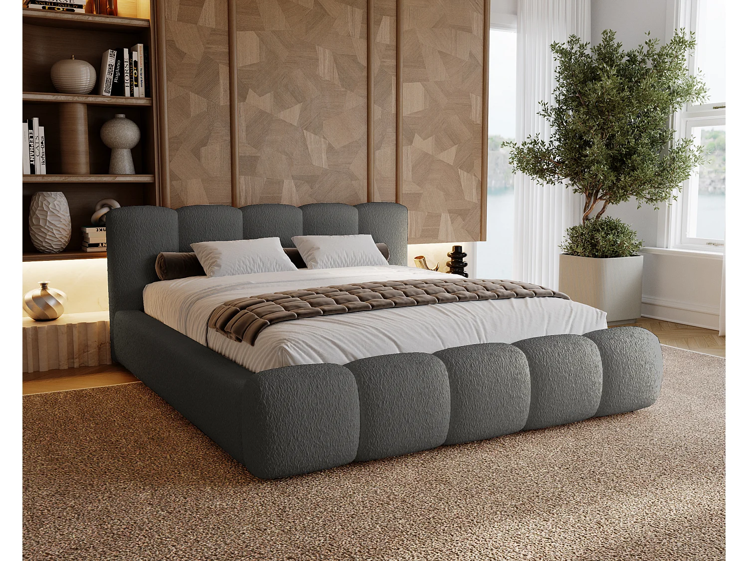 BESILIO Lit tapissé 160x200 bouclé Milly – lit avec coffre de rangement et sommier, lit coffre moderne en mousse épaisse – Gris