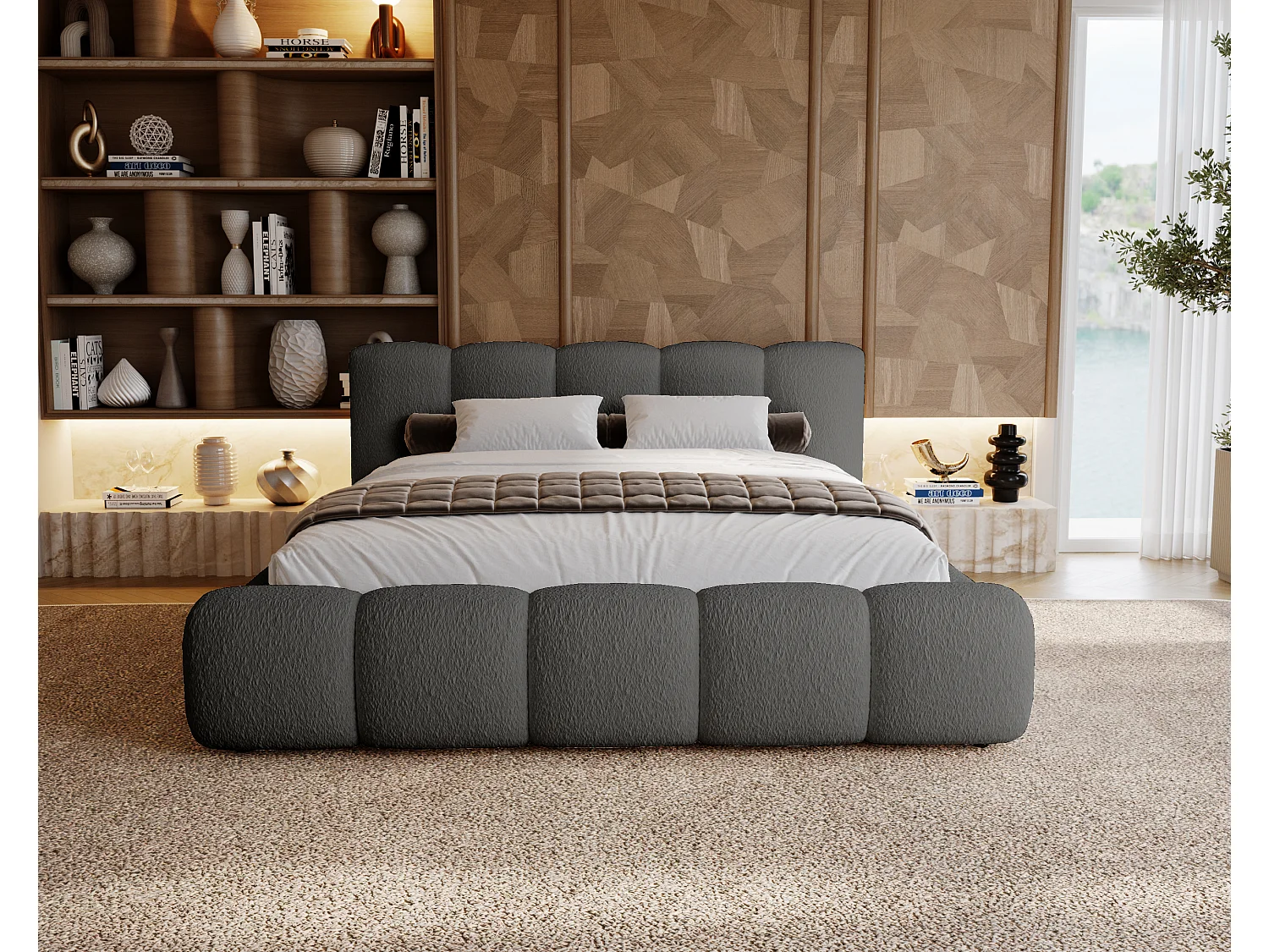 BESILIO Lit tapissé 160x200 bouclé Milly – lit avec coffre de rangement et sommier, lit coffre moderne en mousse épaisse – Gris