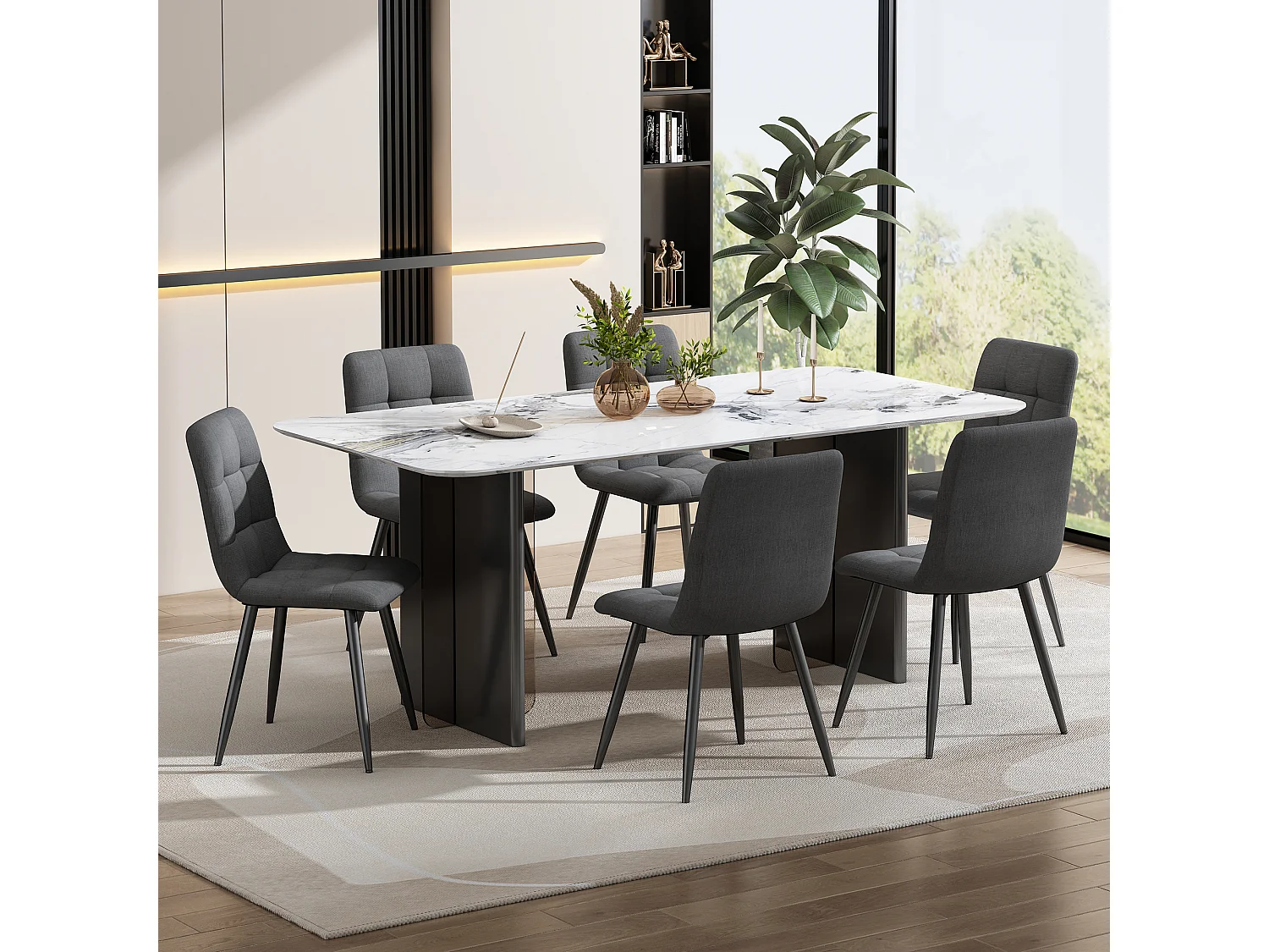 Set of 4 Dining Chairs - Metal Frame - Linen Fabric - Light Gray