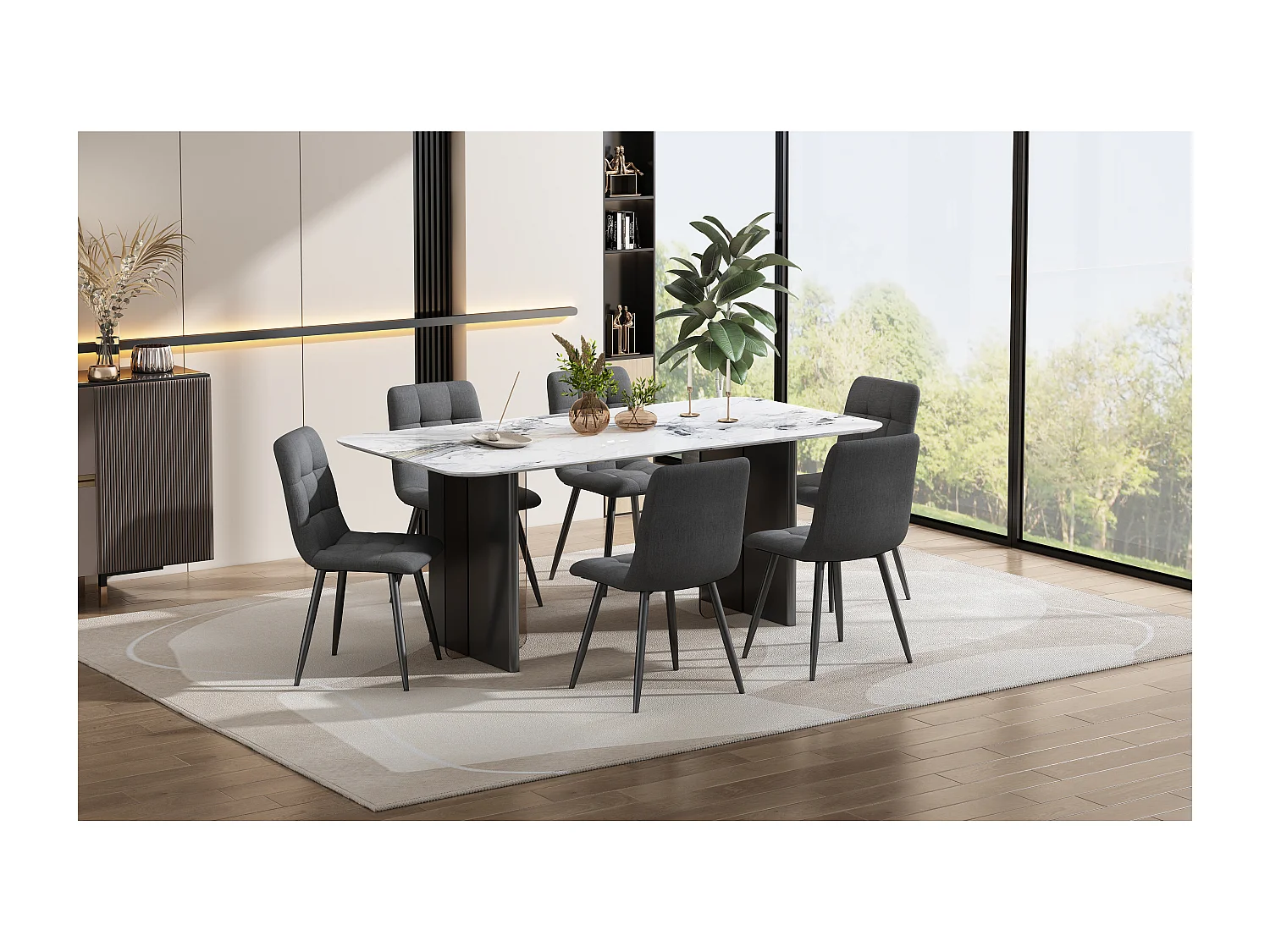 Set of 4 Dining Chairs - Metal Frame - Linen Fabric - Light Gray