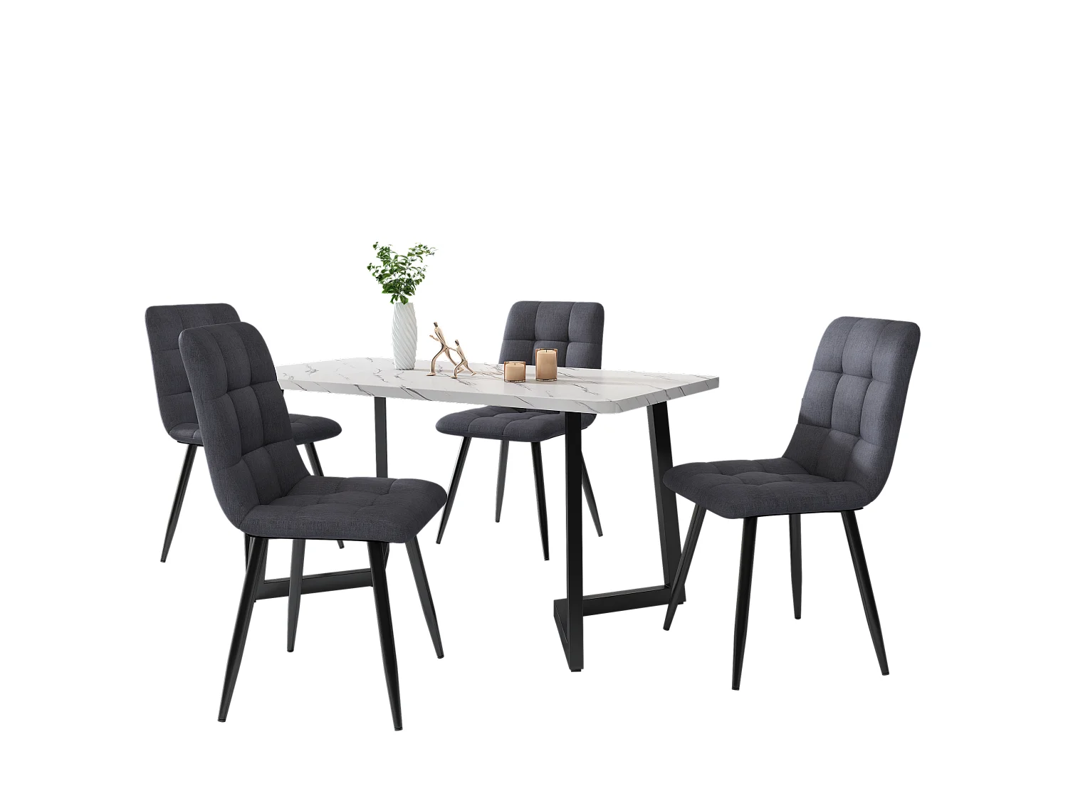 Set of 4 Dining Chairs - Metal Frame - Linen Fabric - Light Gray