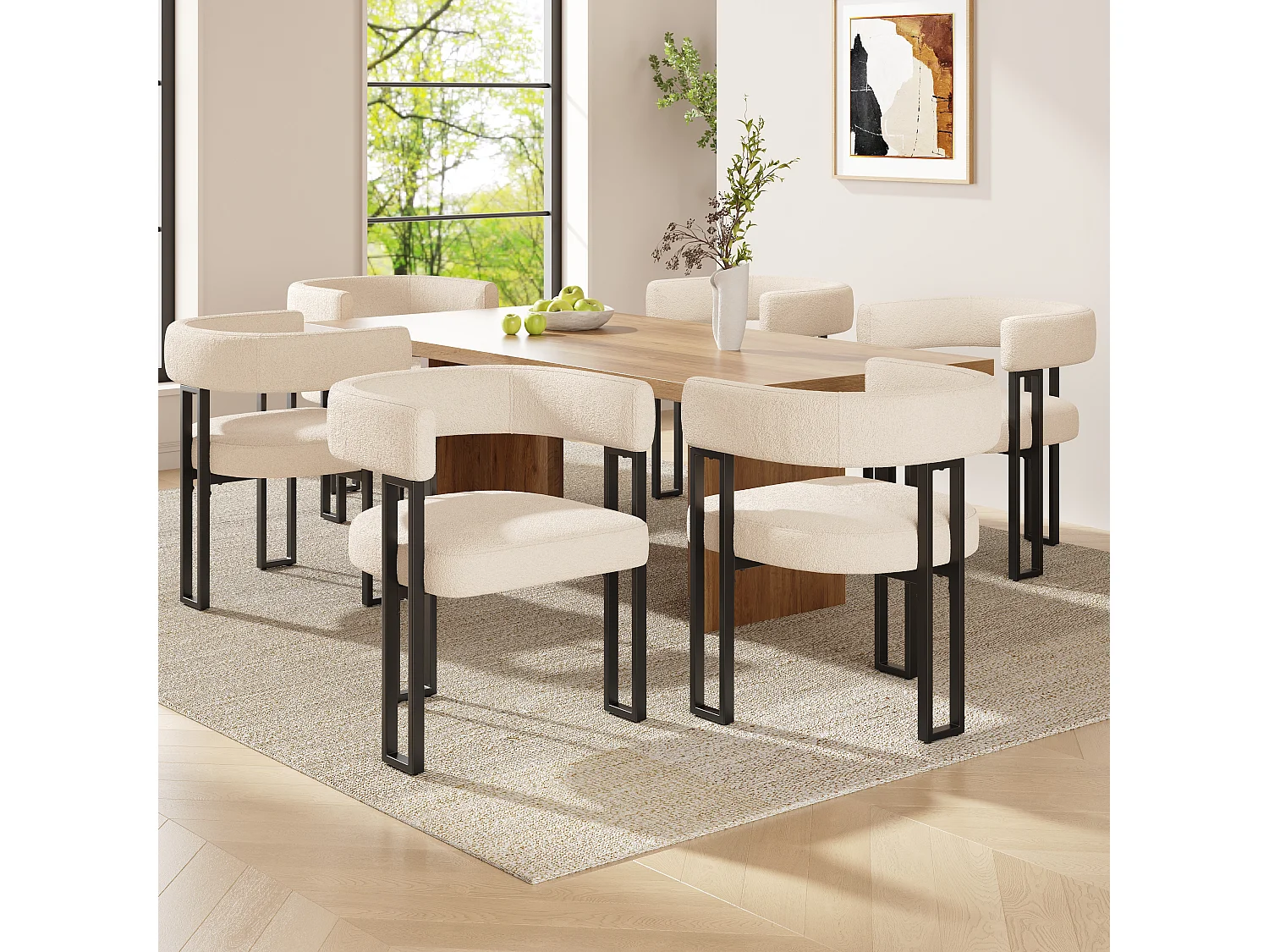 Set of 6 Upholstered Dining Chairs - Flannel Fabric - Metal Frame - Beige