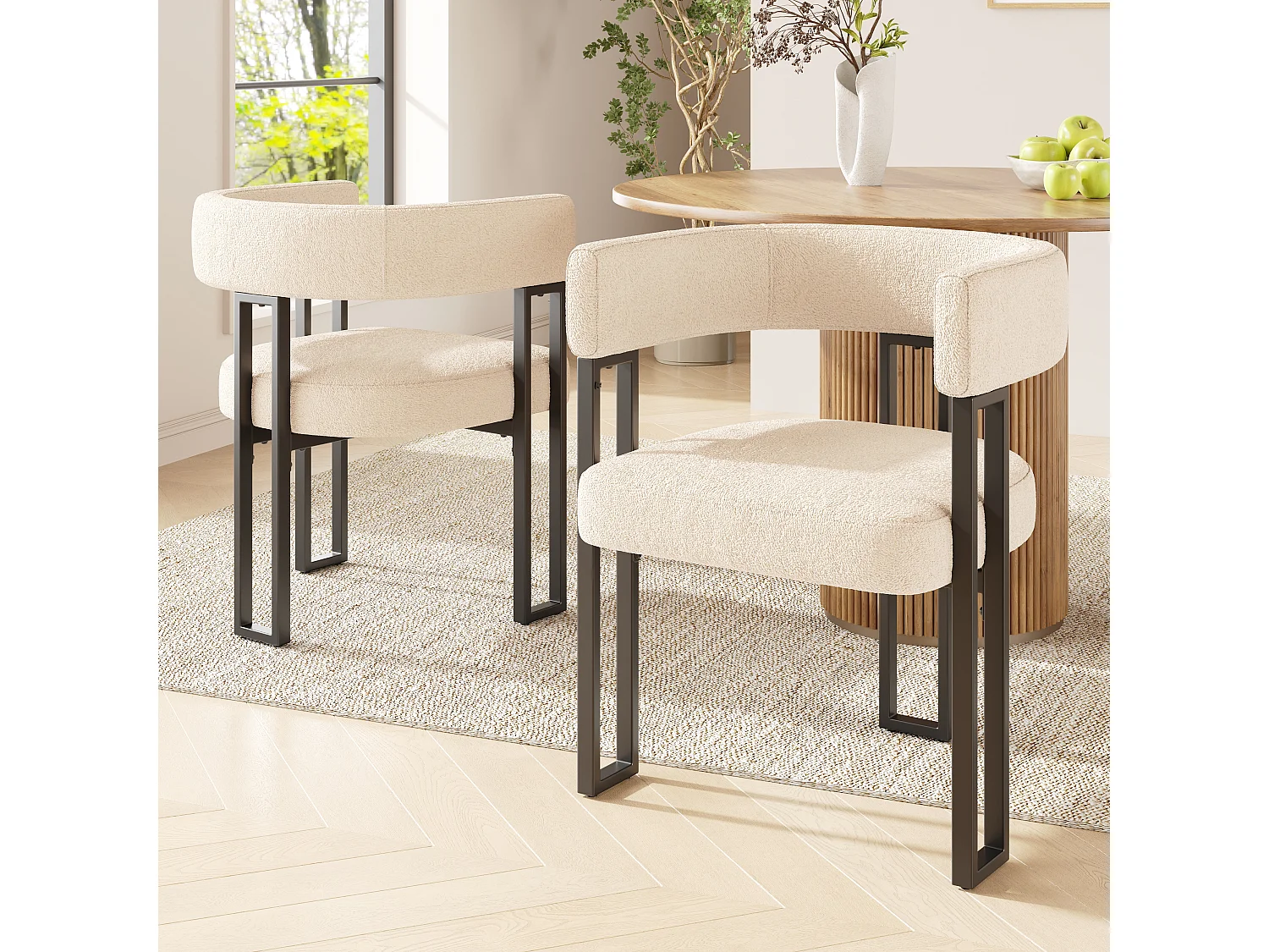 Set of 2 Upholstered Dining Chairs - Flannel Fabric - Metal Frame - Beige