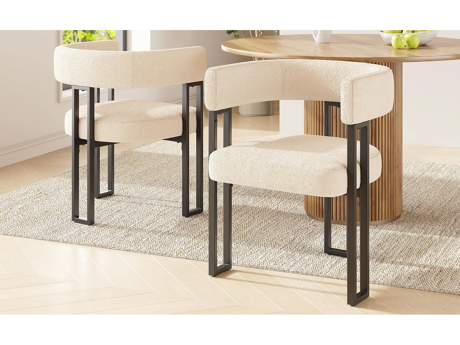 Set of 2 Upholstered Dining Chairs - Flannel Fabric - Metal Frame - Beige