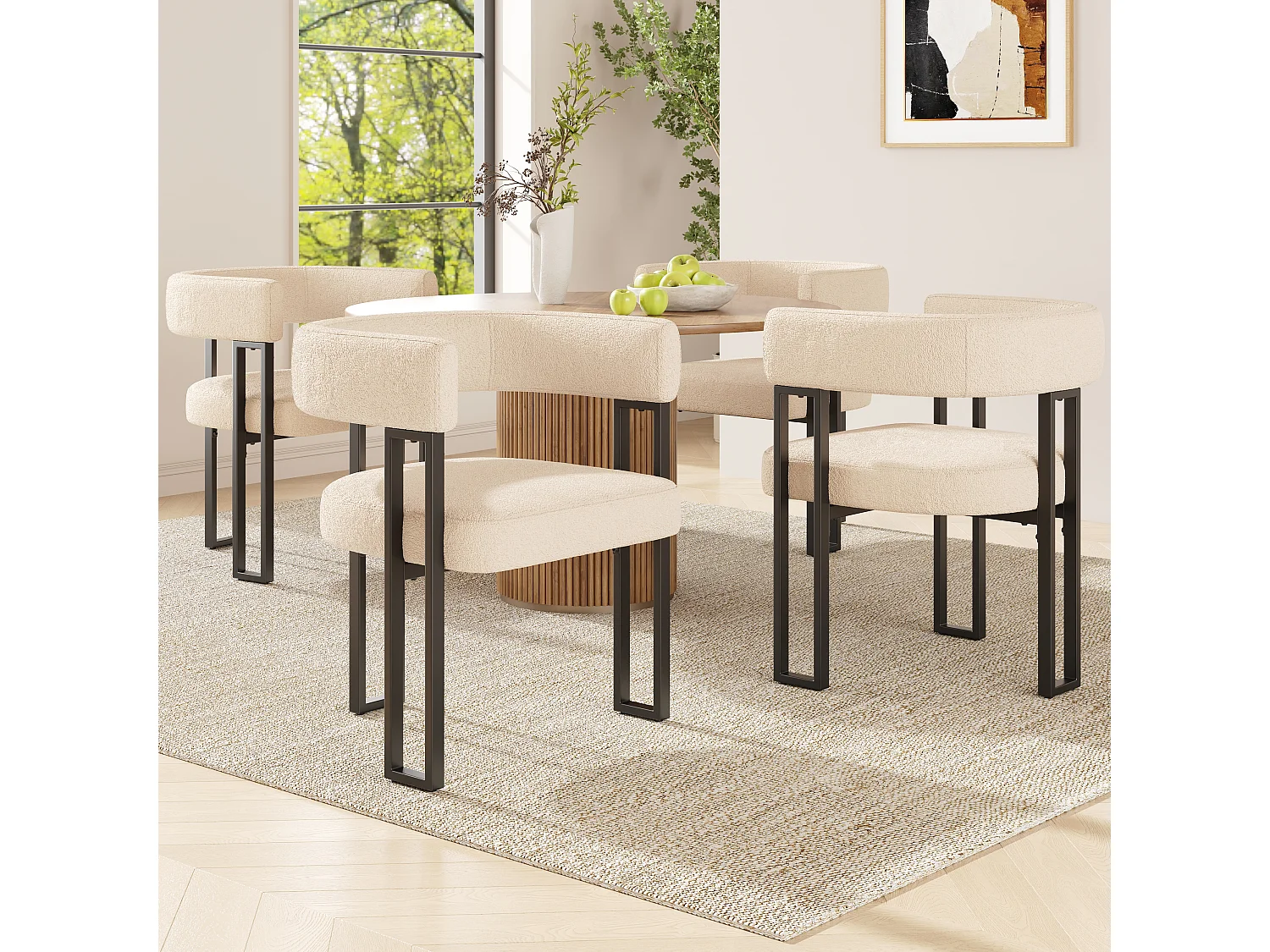 Set of 4 Upholstered Dining Chairs - Flannel Fabric - Metal Frame - Beige