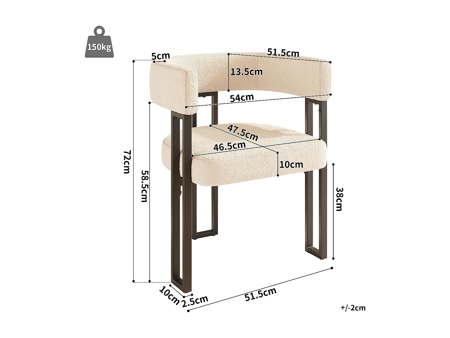 Set of 4 Upholstered Dining Chairs - Flannel Fabric - Metal Frame - Beige