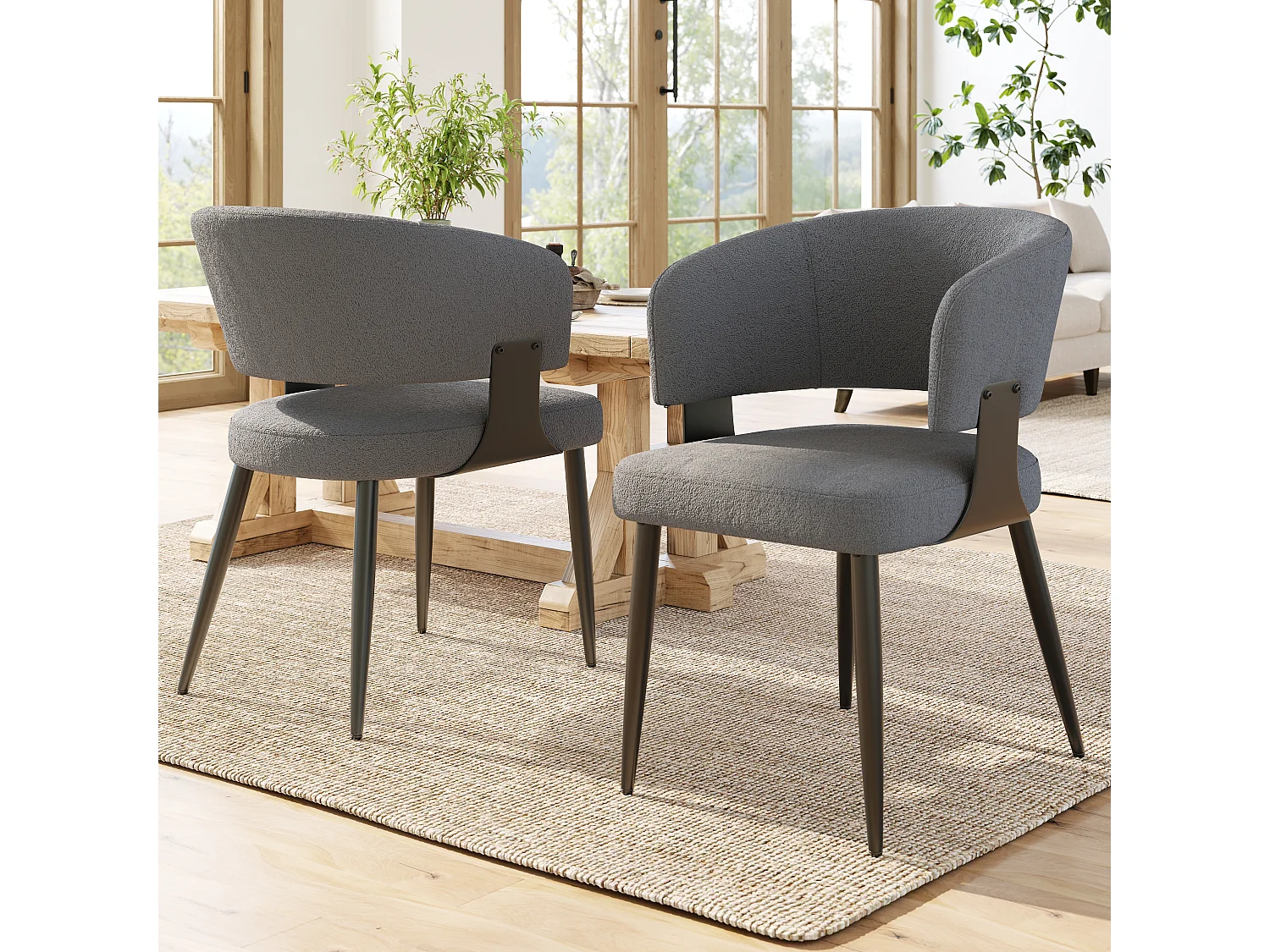 Set of 2 Upholstered Dining Chairs - Flannel - Metal Frame - Modern Style - Gray