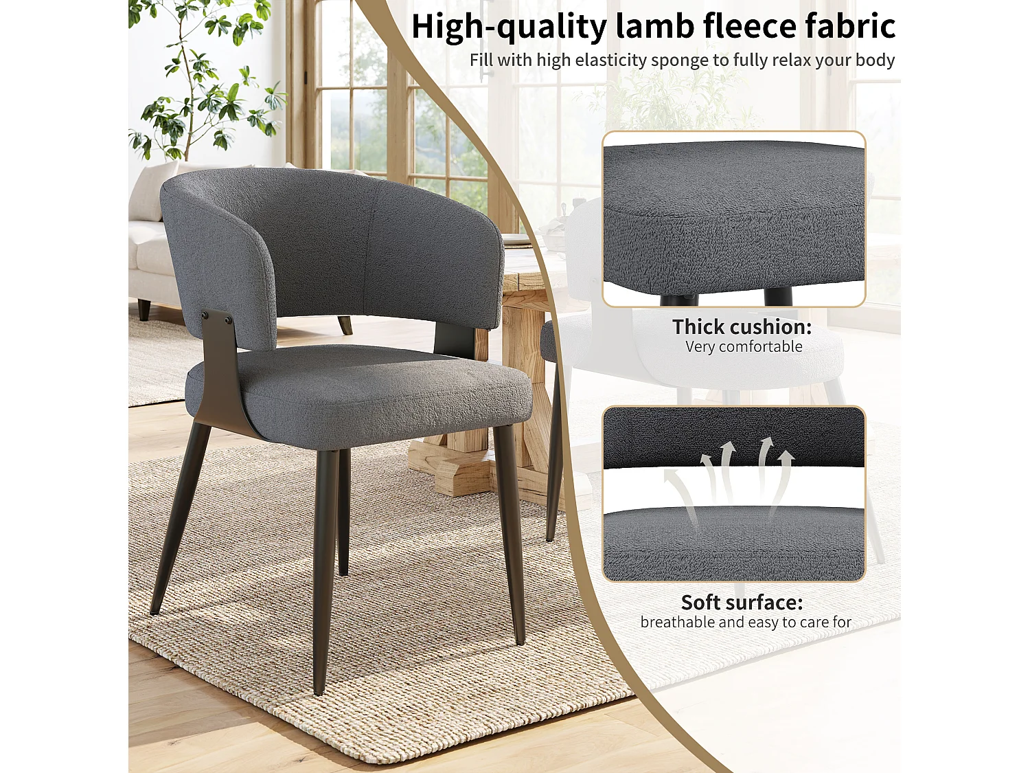 Set of 2 Upholstered Dining Chairs - Flannel - Metal Frame - Modern Style - Gray