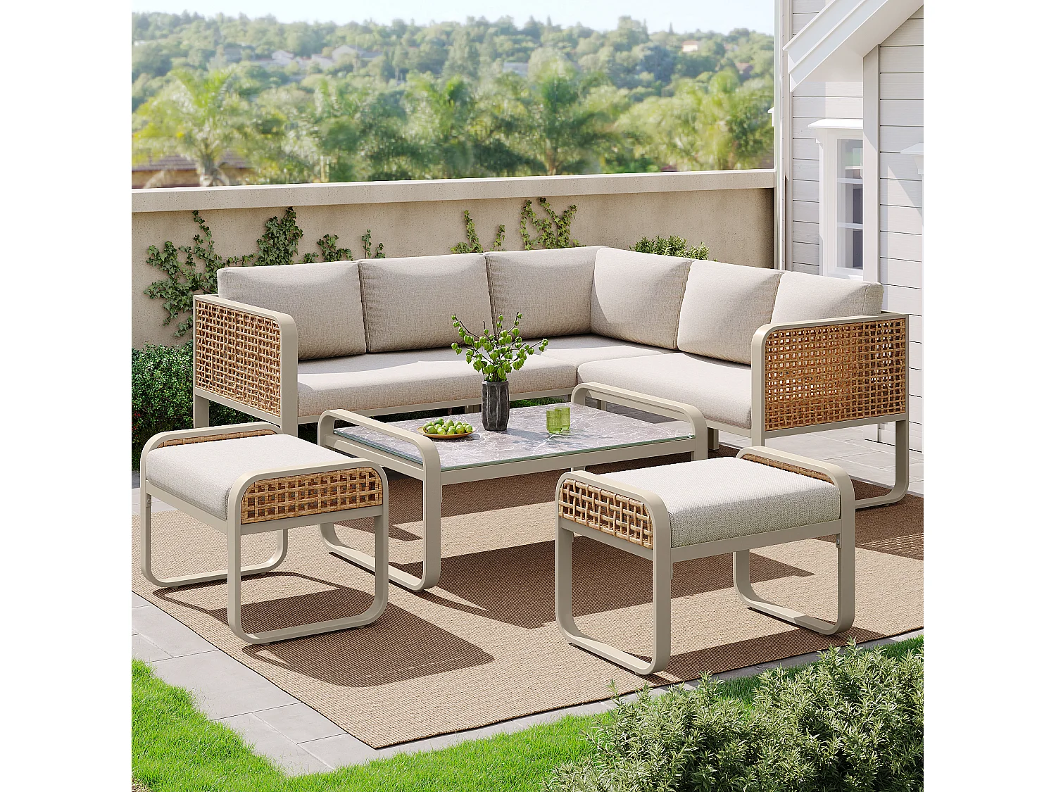 Garden furniture set, rattan furniture for 6-7 people, corner sofa - galvanized iron, adjustable feet, beige