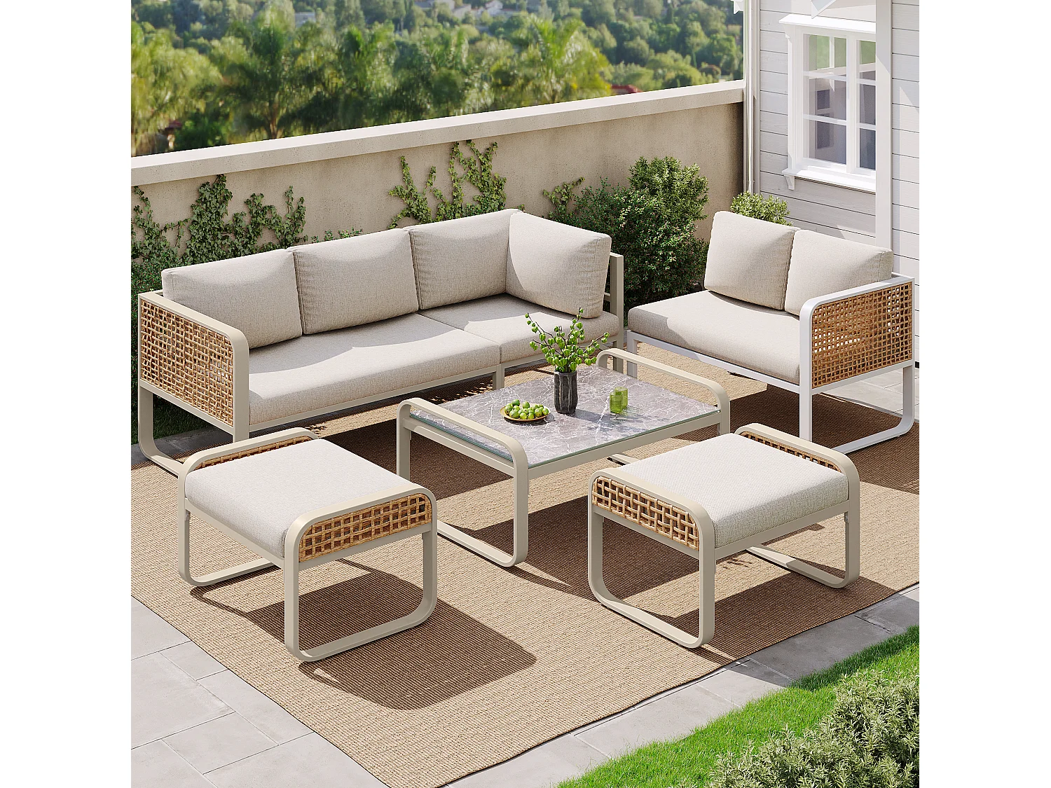 Garden furniture set, rattan furniture for 6-7 people, corner sofa - galvanized iron, adjustable feet, beige