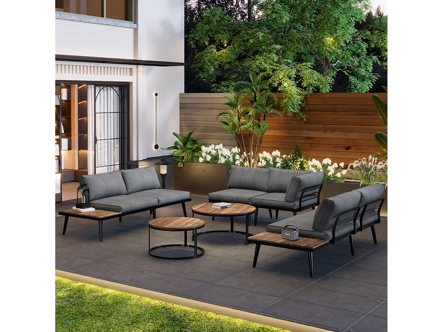6-Seater Modular Garden Lounge Set in Galvanized Iron and Acacia Wood - 2 Nesting Tables - Grey