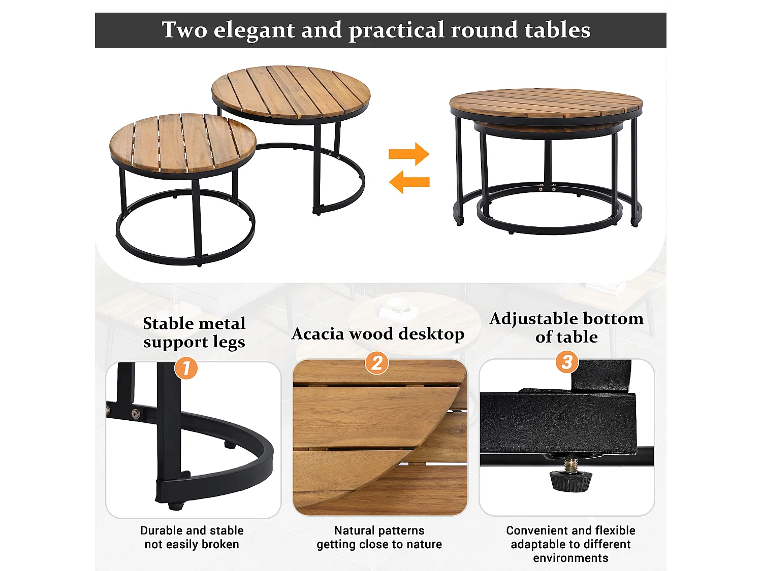 6-Seater Modular Garden Lounge Set in Galvanized Iron and Acacia Wood - 2 Nesting Tables - Grey