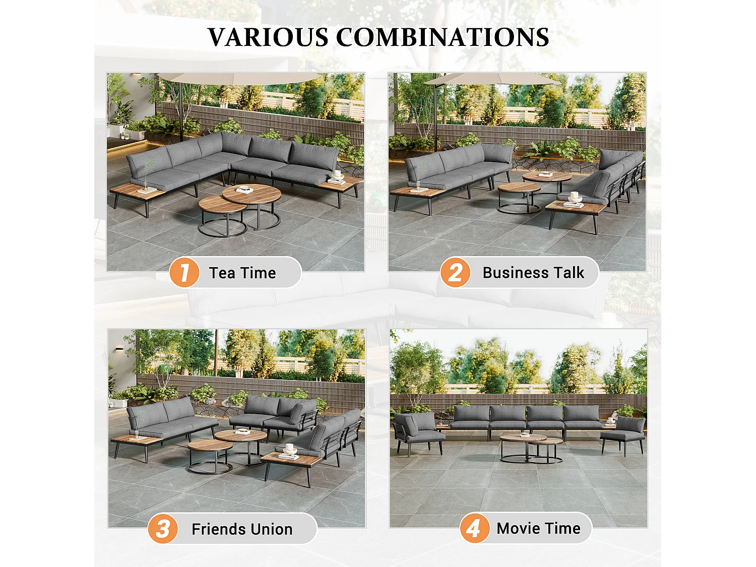6-Seater Modular Garden Lounge Set in Galvanized Iron and Acacia Wood - 2 Nesting Tables - Grey
