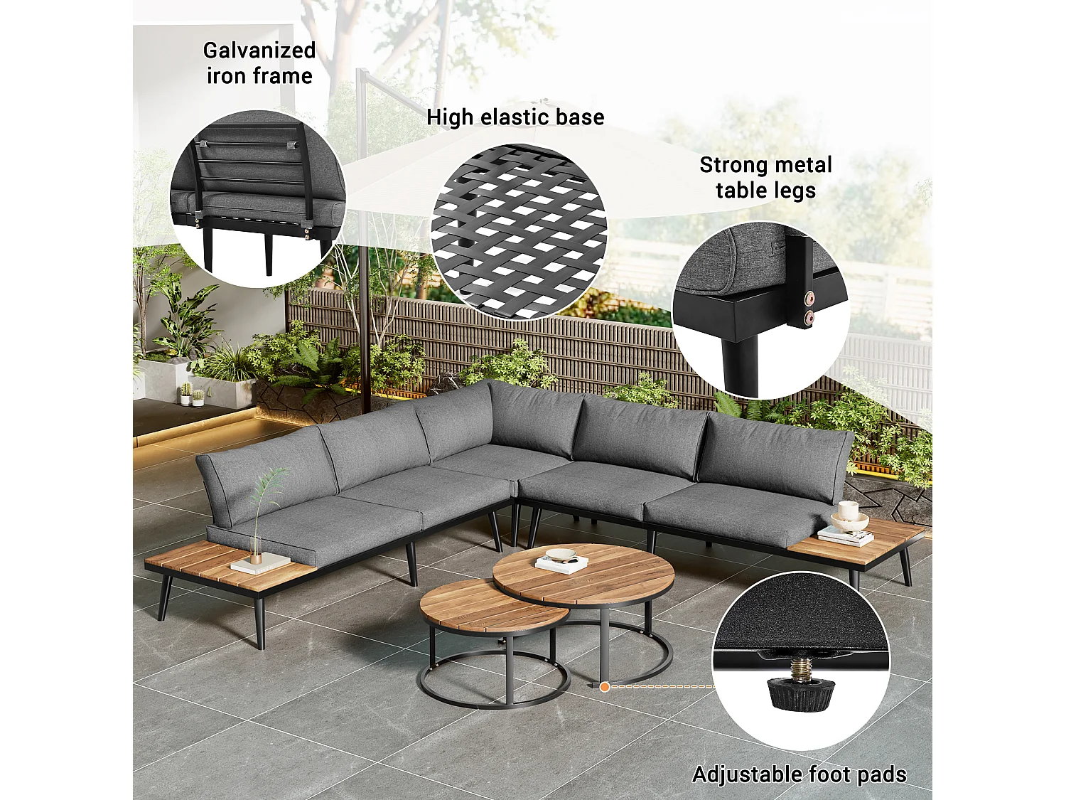 6-Seater Modular Garden Lounge Set in Galvanized Iron and Acacia Wood - 2 Nesting Tables - Grey