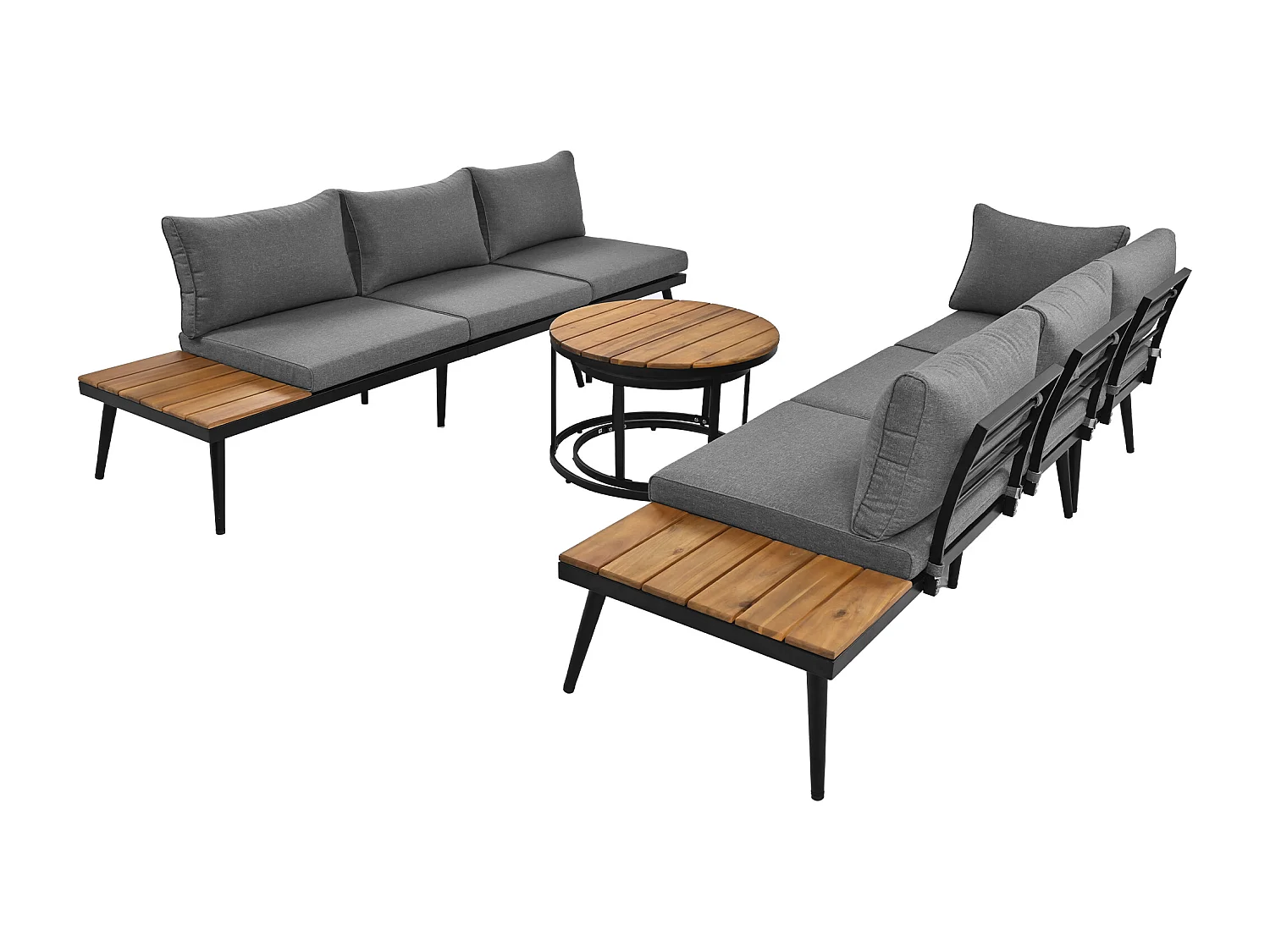 6-Seater Modular Garden Lounge Set in Galvanized Iron and Acacia Wood - 2 Nesting Tables - Grey