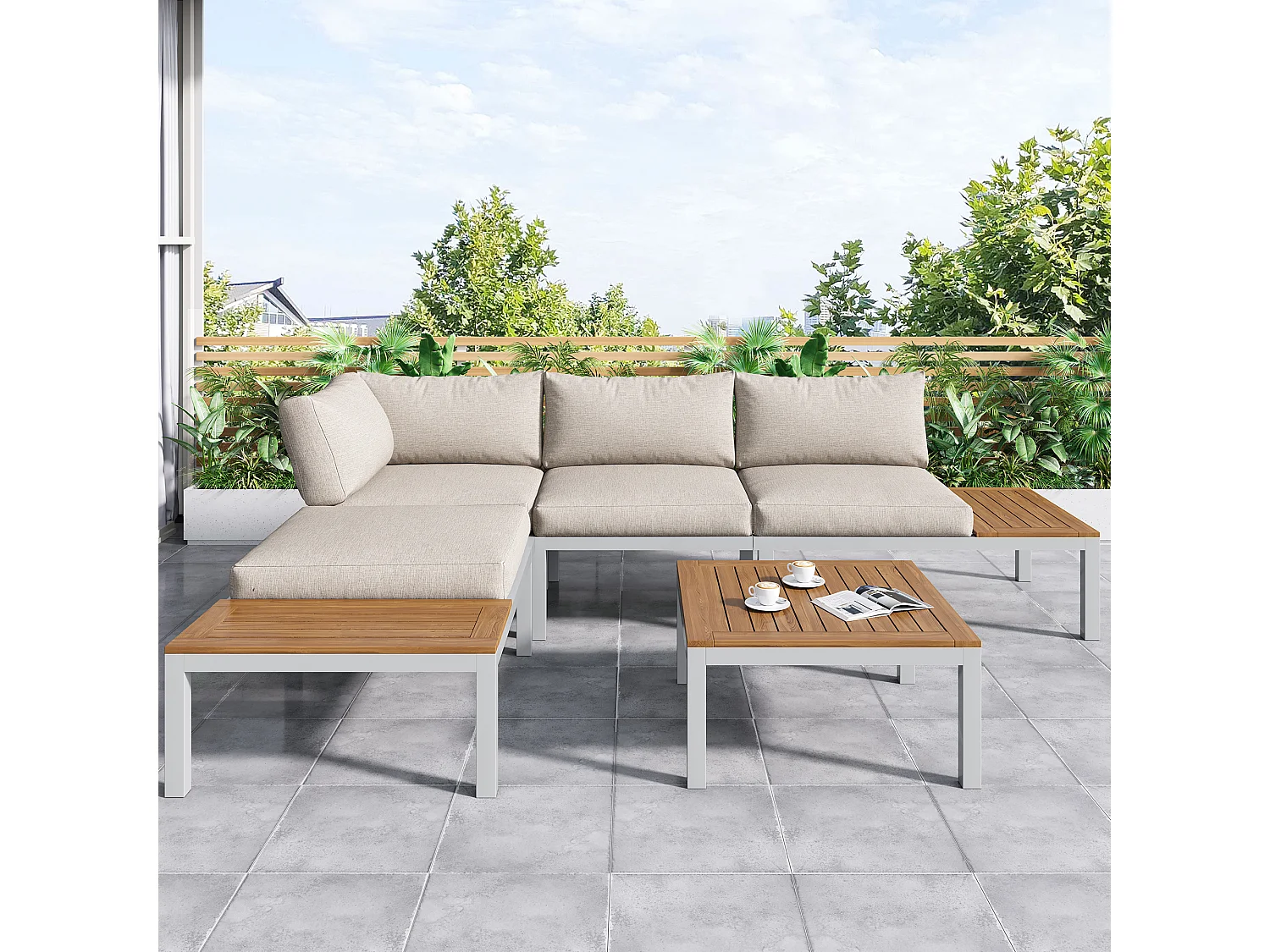 Multifunctional garden furniture set in galvanized steel and decorated with acacia wood - 4-seater - corner sofa and 1 coffee table - Beige