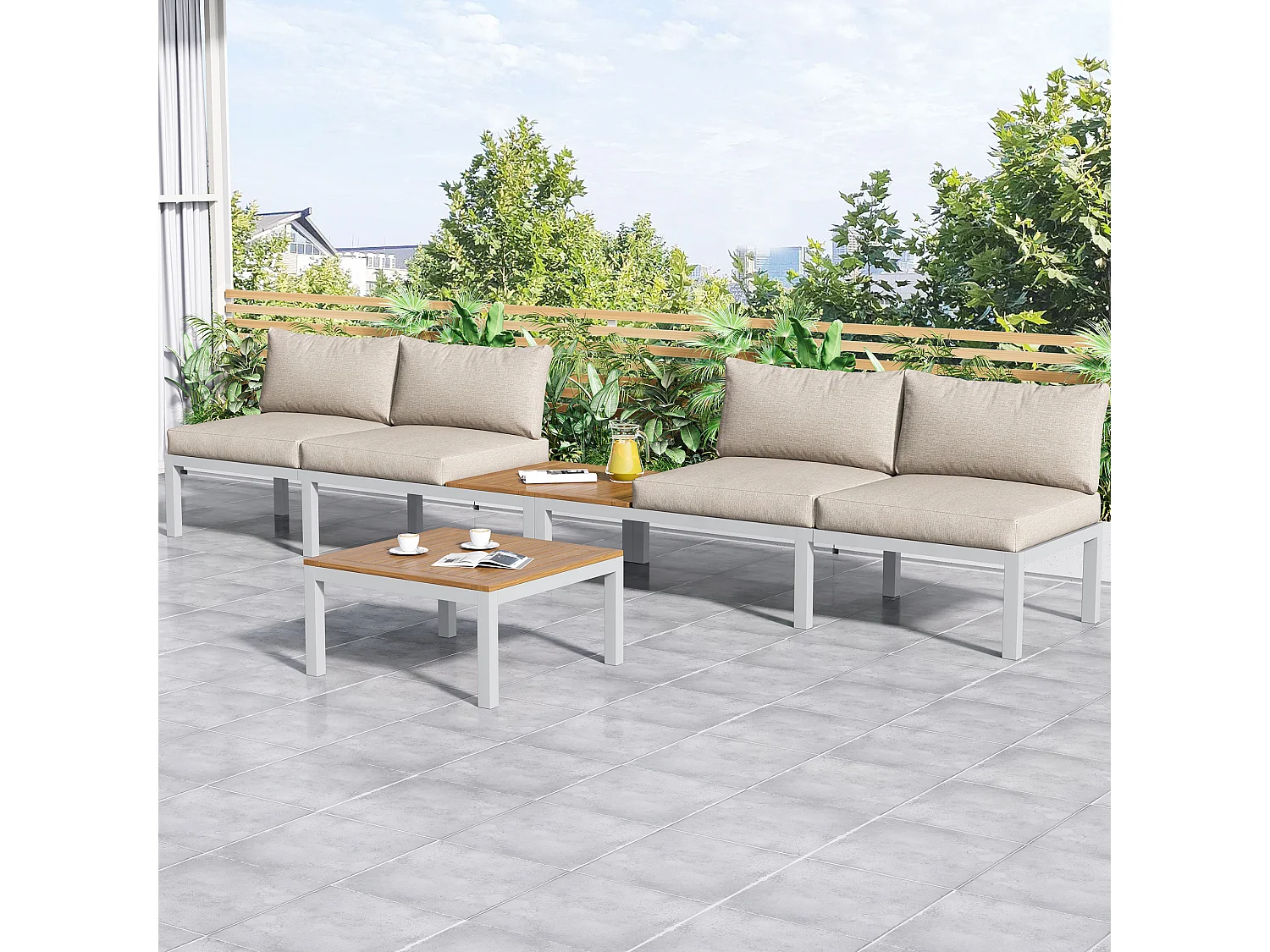 Multifunctional garden furniture set in galvanized steel and decorated with acacia wood - 4-seater - corner sofa and 1 coffee table - Beige