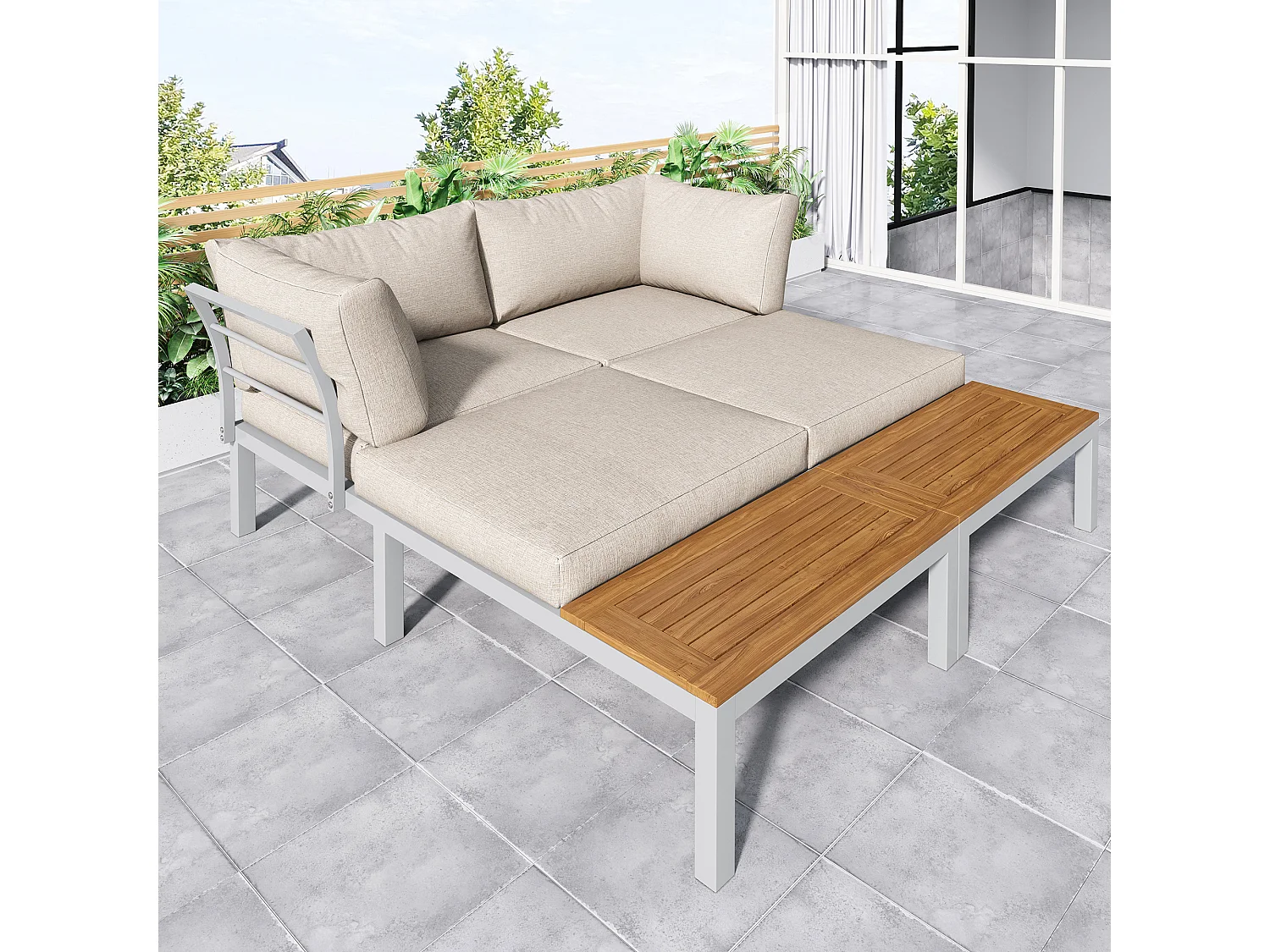 Multifunctional garden furniture set in galvanized steel and decorated with acacia wood - 4-seater - corner sofa and 1 coffee table - Beige