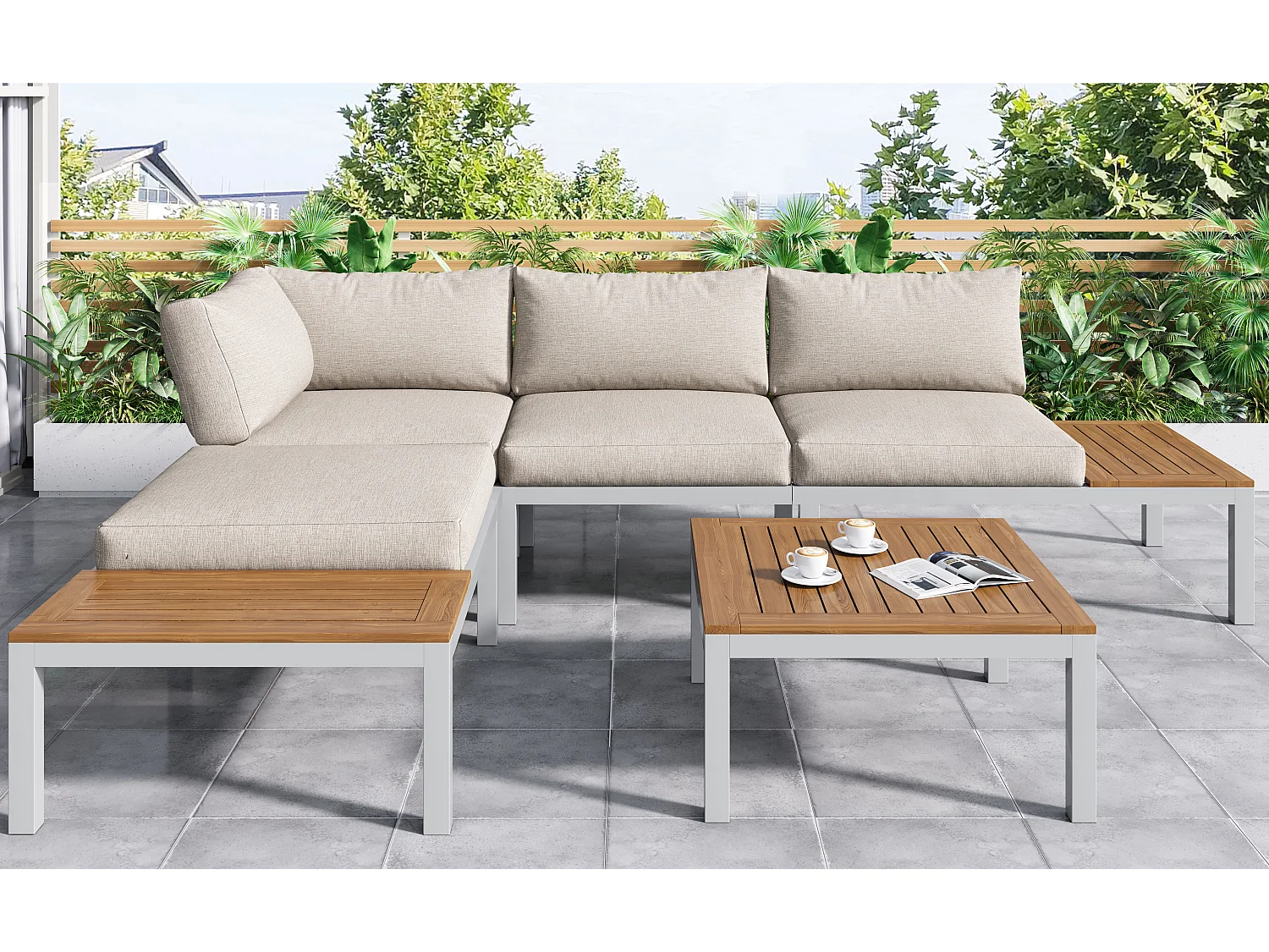 Multifunctional garden furniture set in galvanized steel and decorated with acacia wood - 4-seater - corner sofa and 1 coffee table - Beige