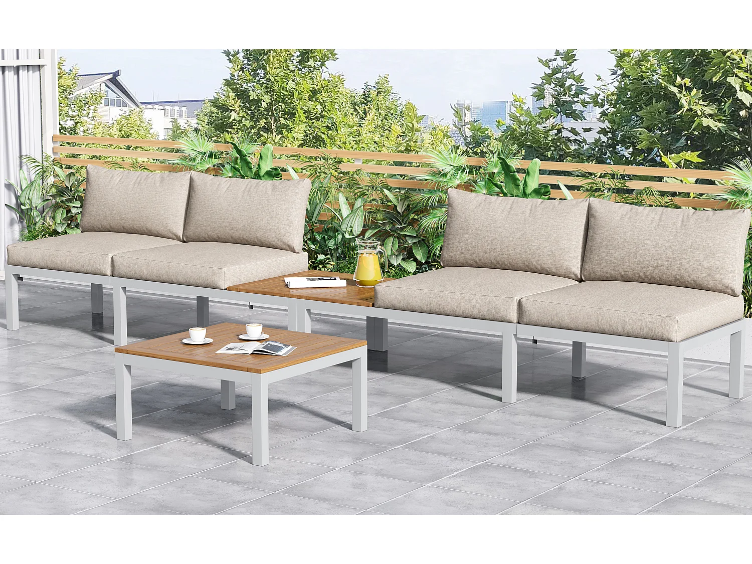 Multifunctional garden furniture set in galvanized steel and decorated with acacia wood - 4-seater - corner sofa and 1 coffee table - Beige