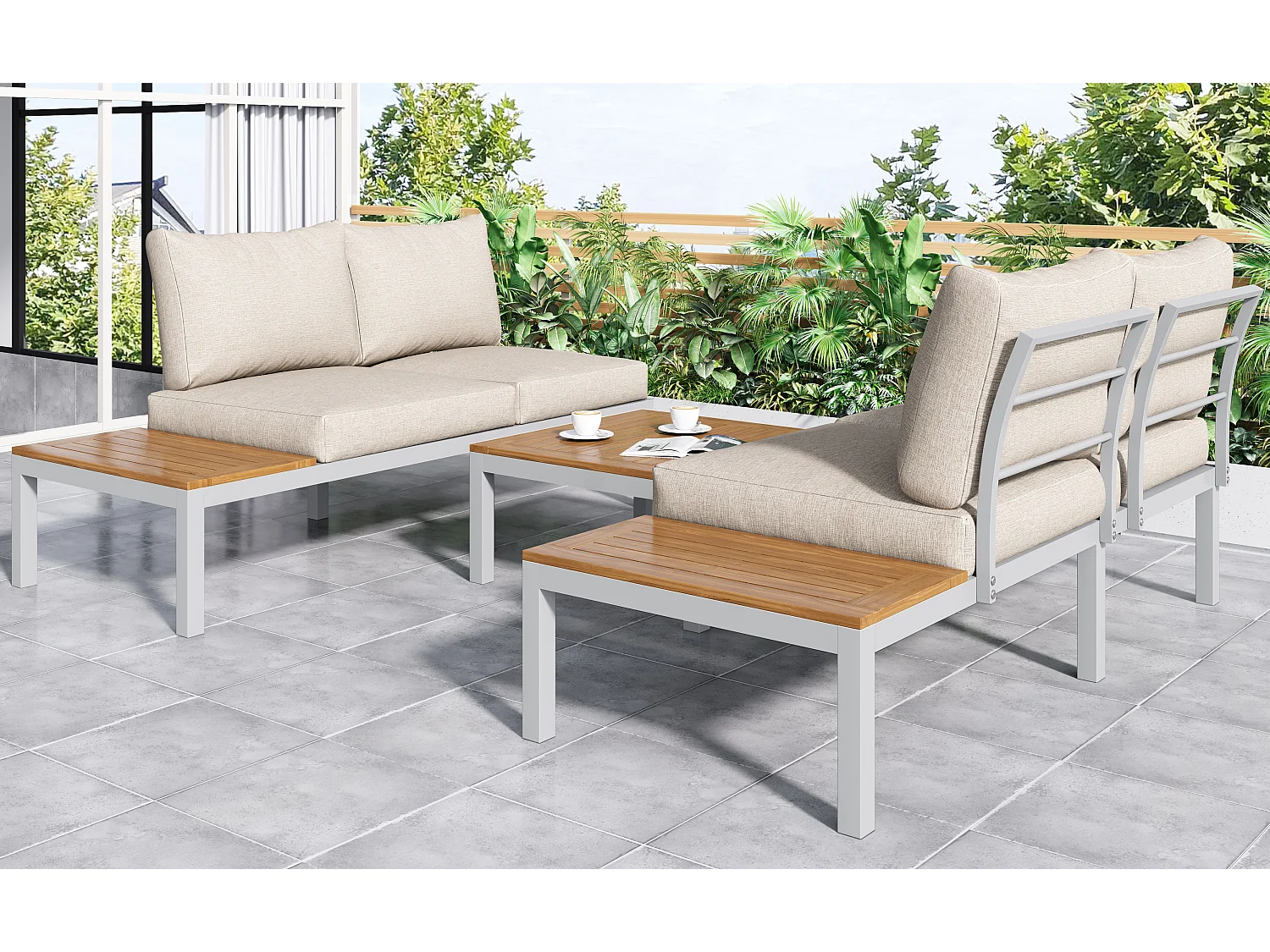 Multifunctional garden furniture set in galvanized steel and decorated with acacia wood - 4-seater - corner sofa and 1 coffee table - Beige