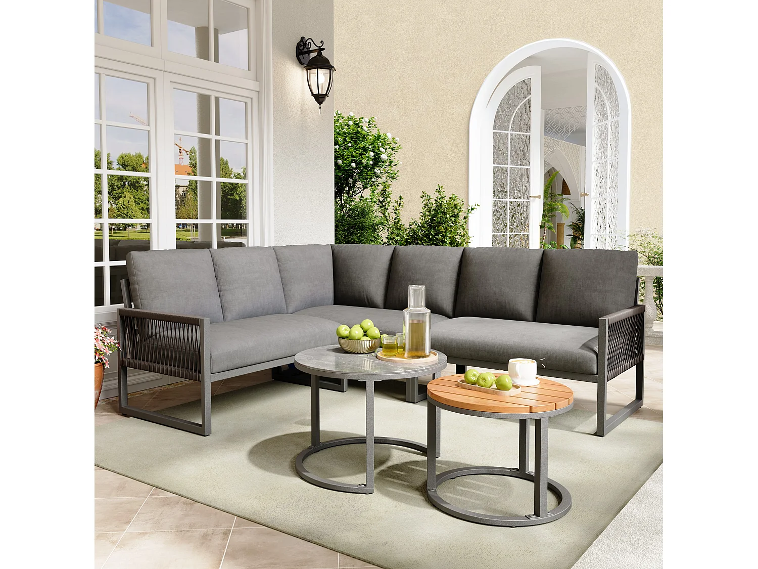 Garden furniture set for 6-7 people, corner sofa - galvanized iron, adjustable legs, 2 nesting tables, grey