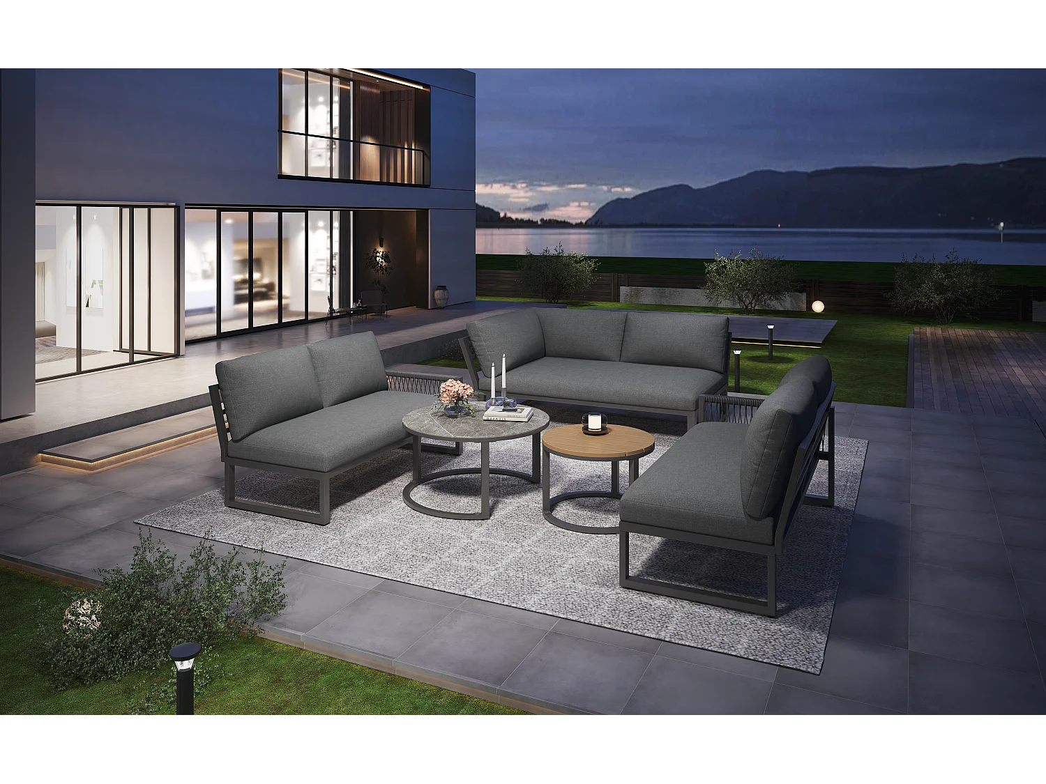 Garden furniture set for 6-7 people, corner sofa - galvanized iron, adjustable legs, 2 nesting tables, grey