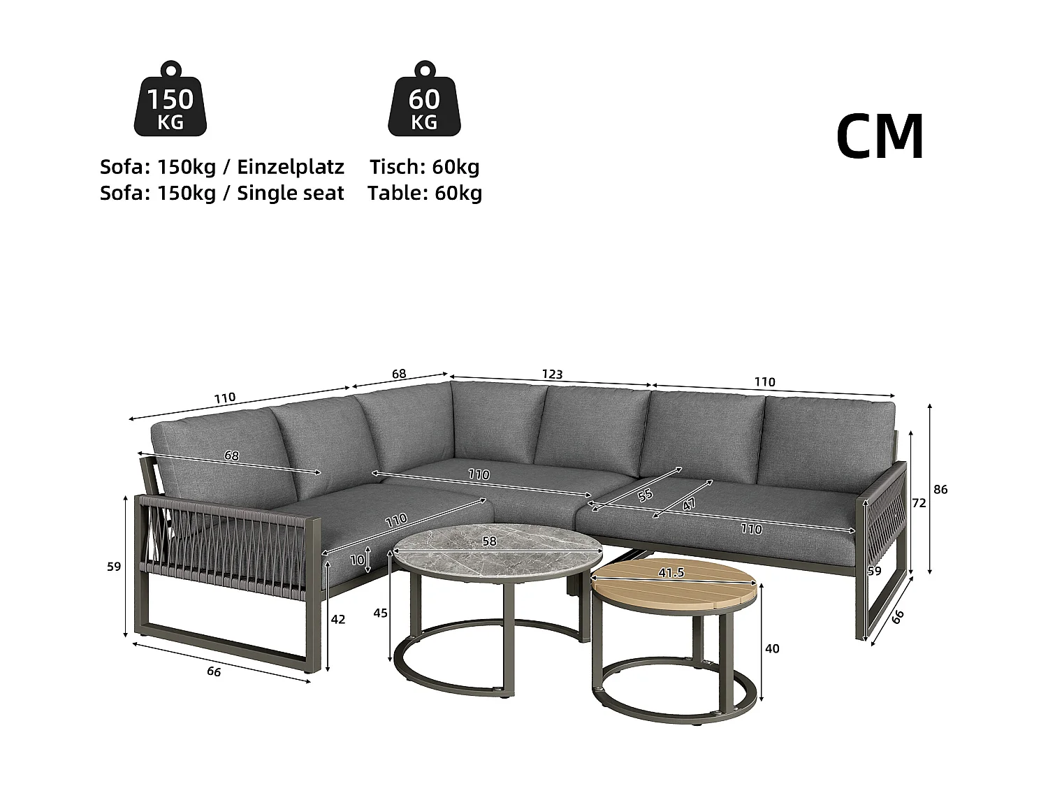 Garden furniture set for 6-7 people, corner sofa - galvanized iron, adjustable legs, 2 nesting tables, grey