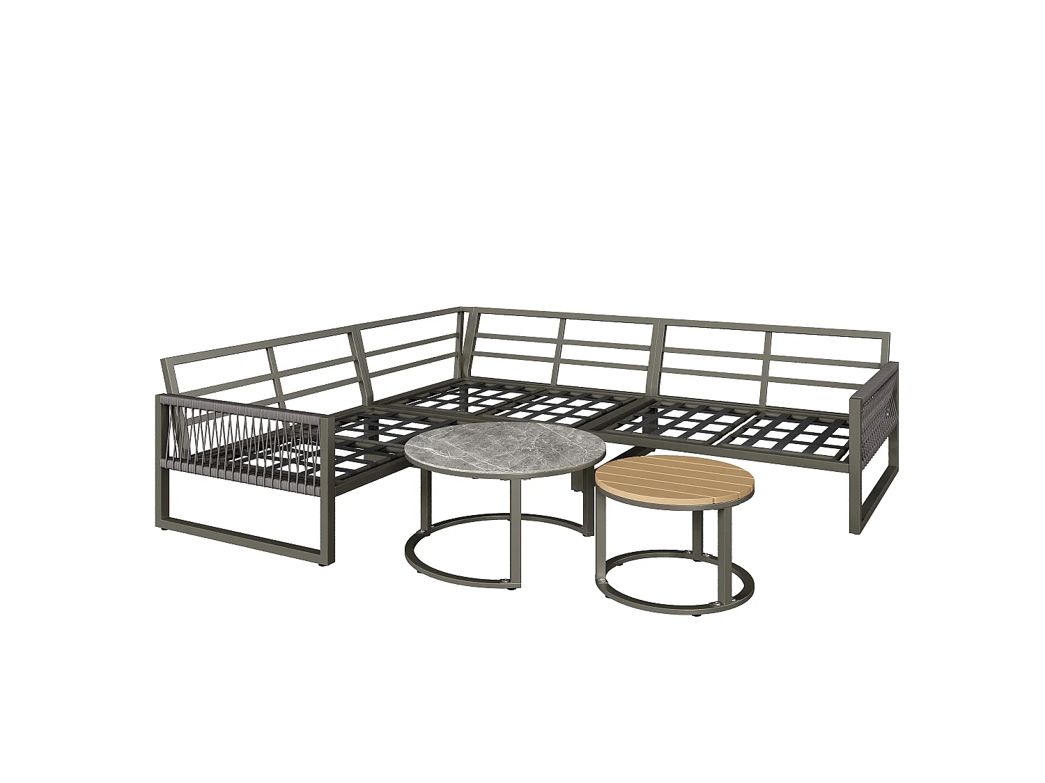 Garden furniture set for 6-7 people, corner sofa - galvanized iron, adjustable legs, 2 nesting tables, grey