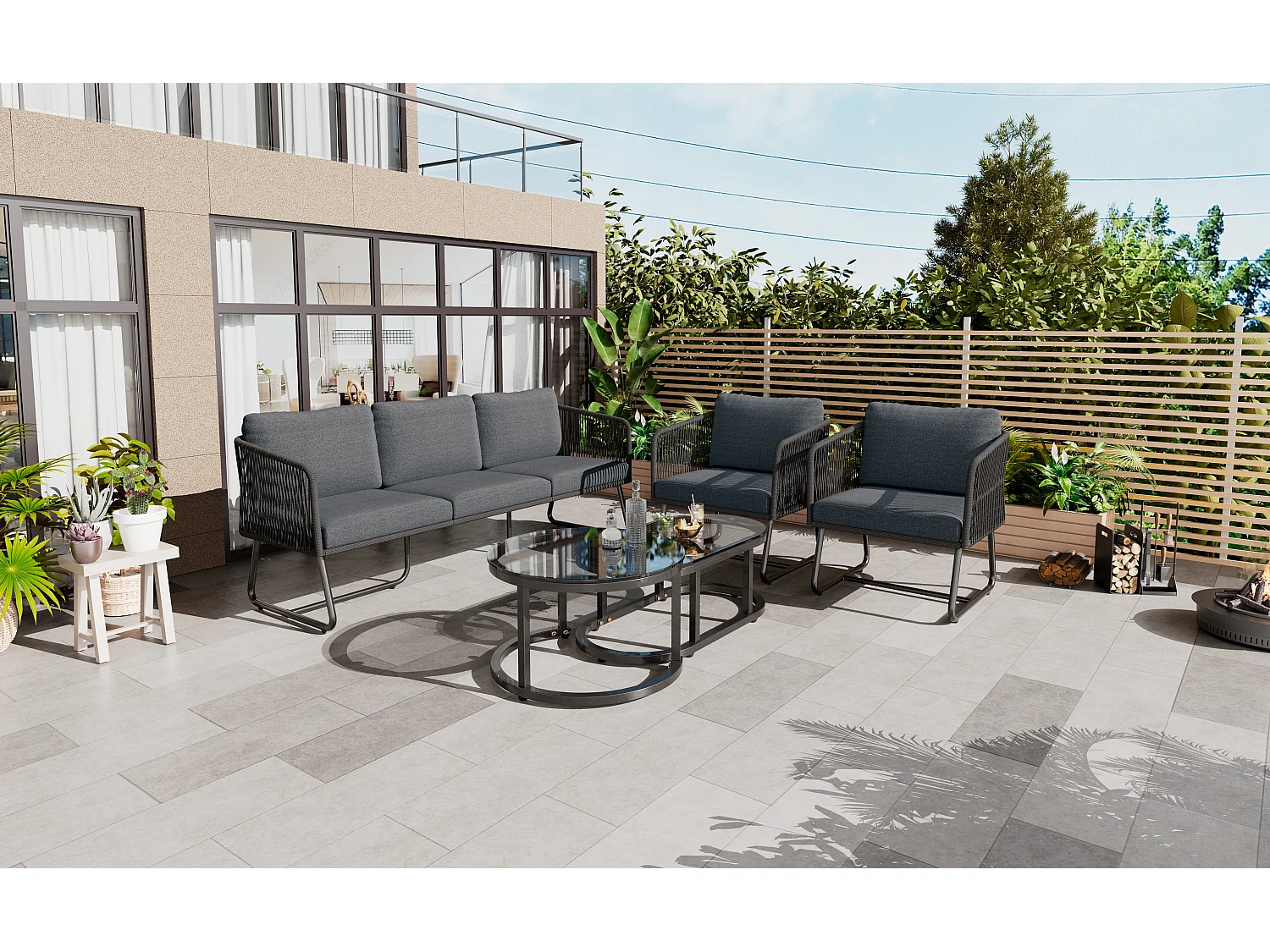 Galvanized iron and rope garden furniture set - sofa, 2 armchairs and 2 nesting tables - Grey