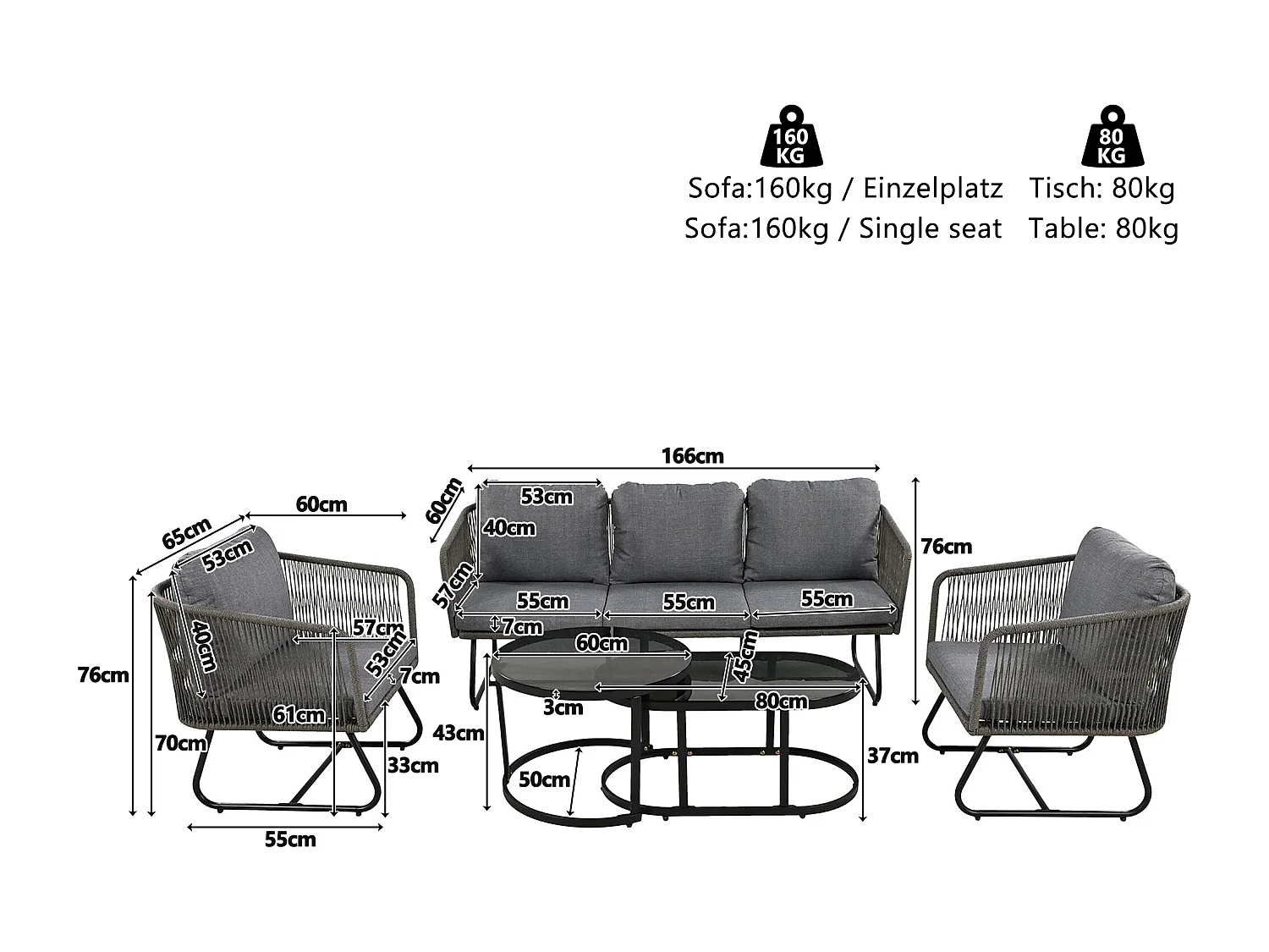 Galvanized iron and rope garden furniture set - sofa, 2 armchairs and 2 nesting tables - Grey