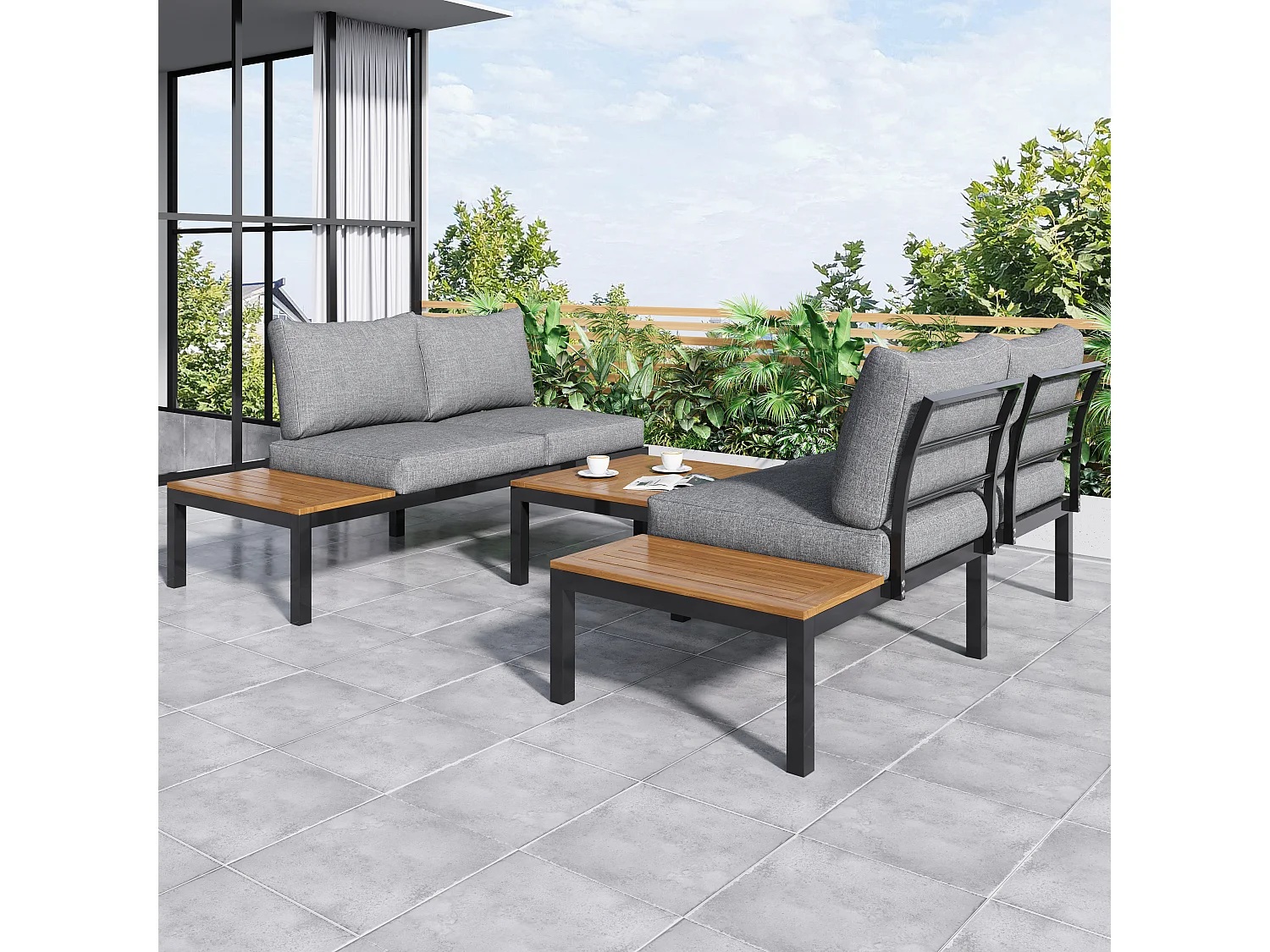 Multifunctional garden furniture set in galvanized steel and decorated with acacia wood - 4-seater - corner sofa and 1 coffee table - Grey