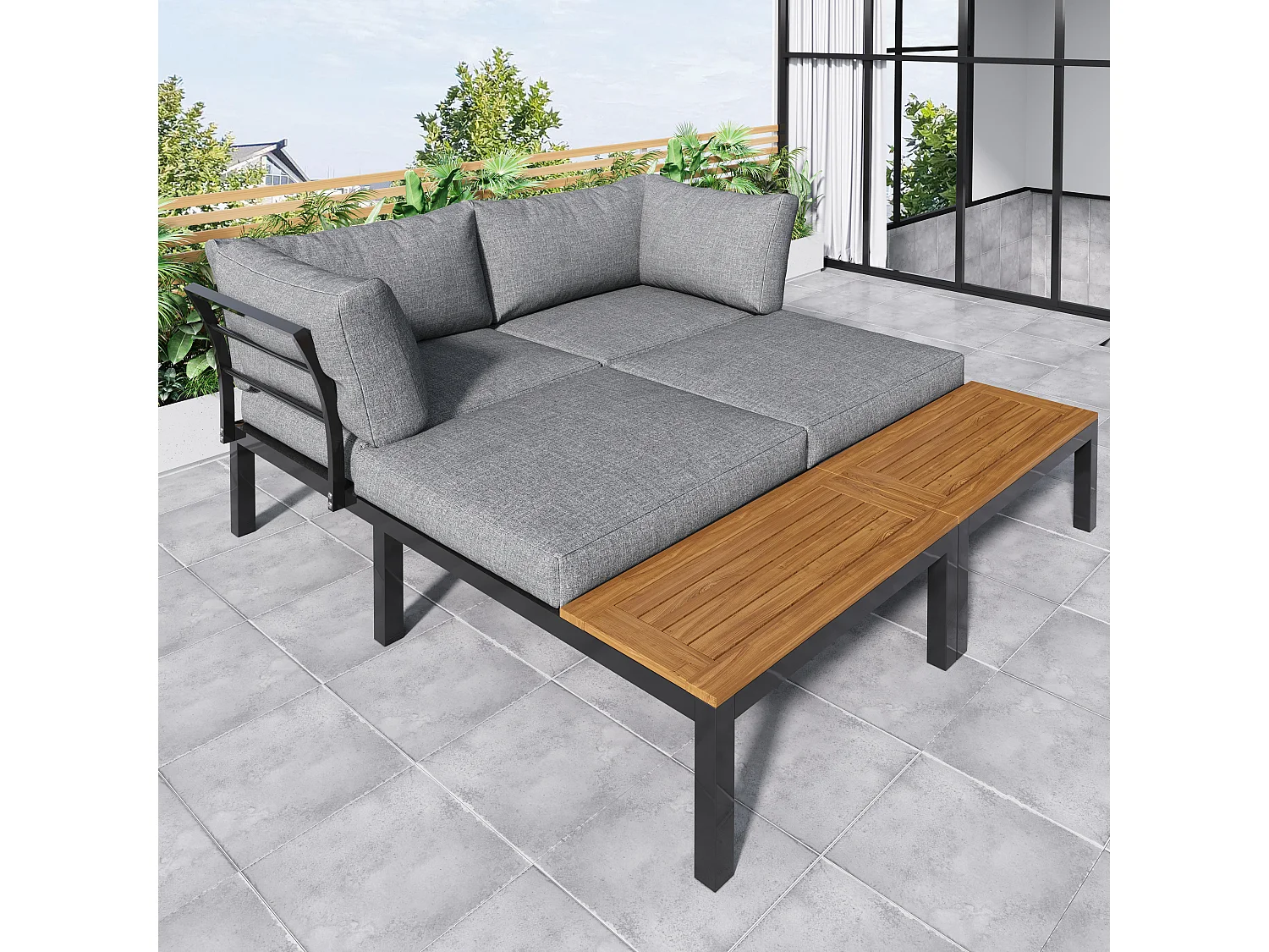 Multifunctional garden furniture set in galvanized steel and decorated with acacia wood - 4-seater - corner sofa and 1 coffee table - Grey